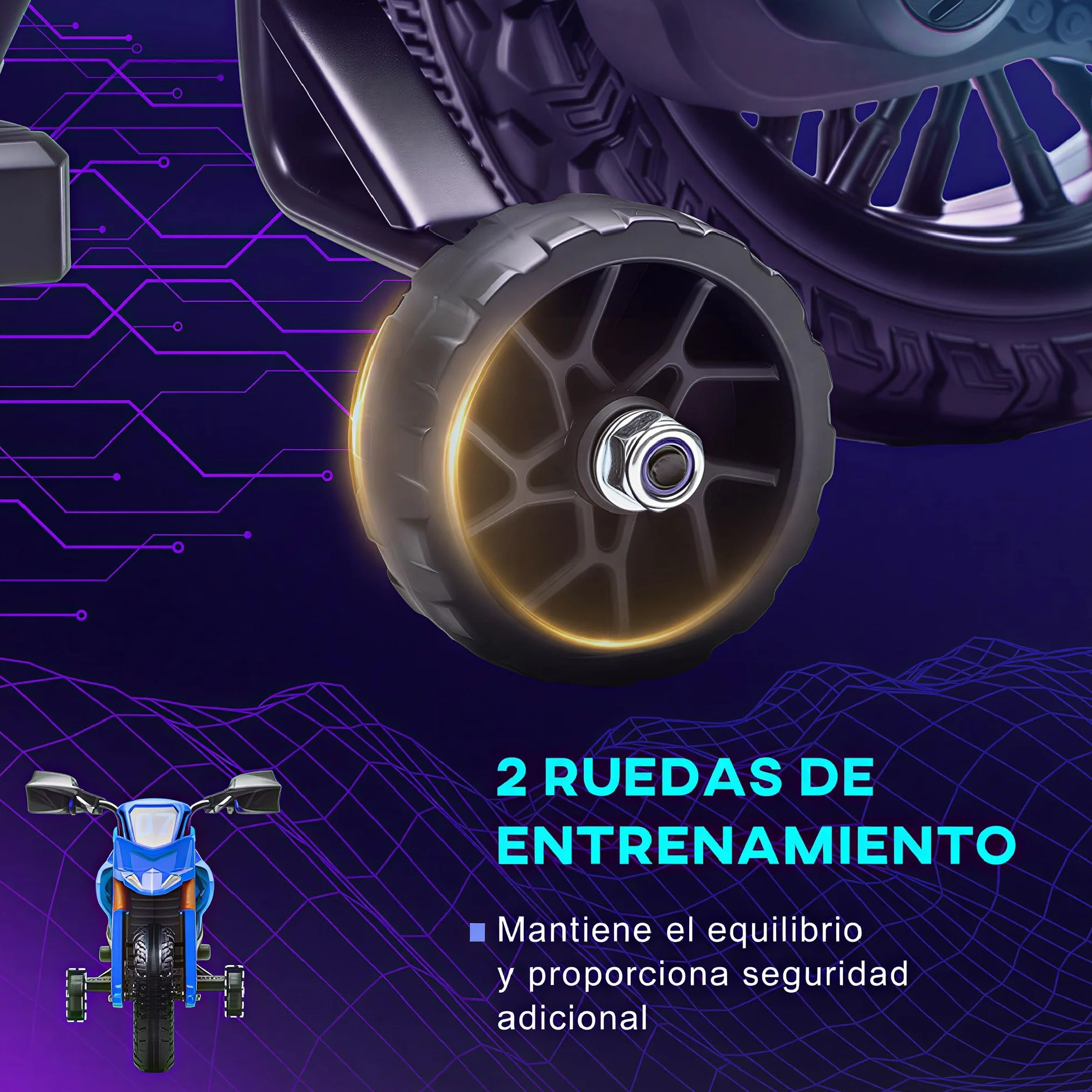 AIYAPLAY Moto Eléctrica para Niños 12V con Ruedas de Entrenamiento Acelerador Bocina Carga 30 kg Azul