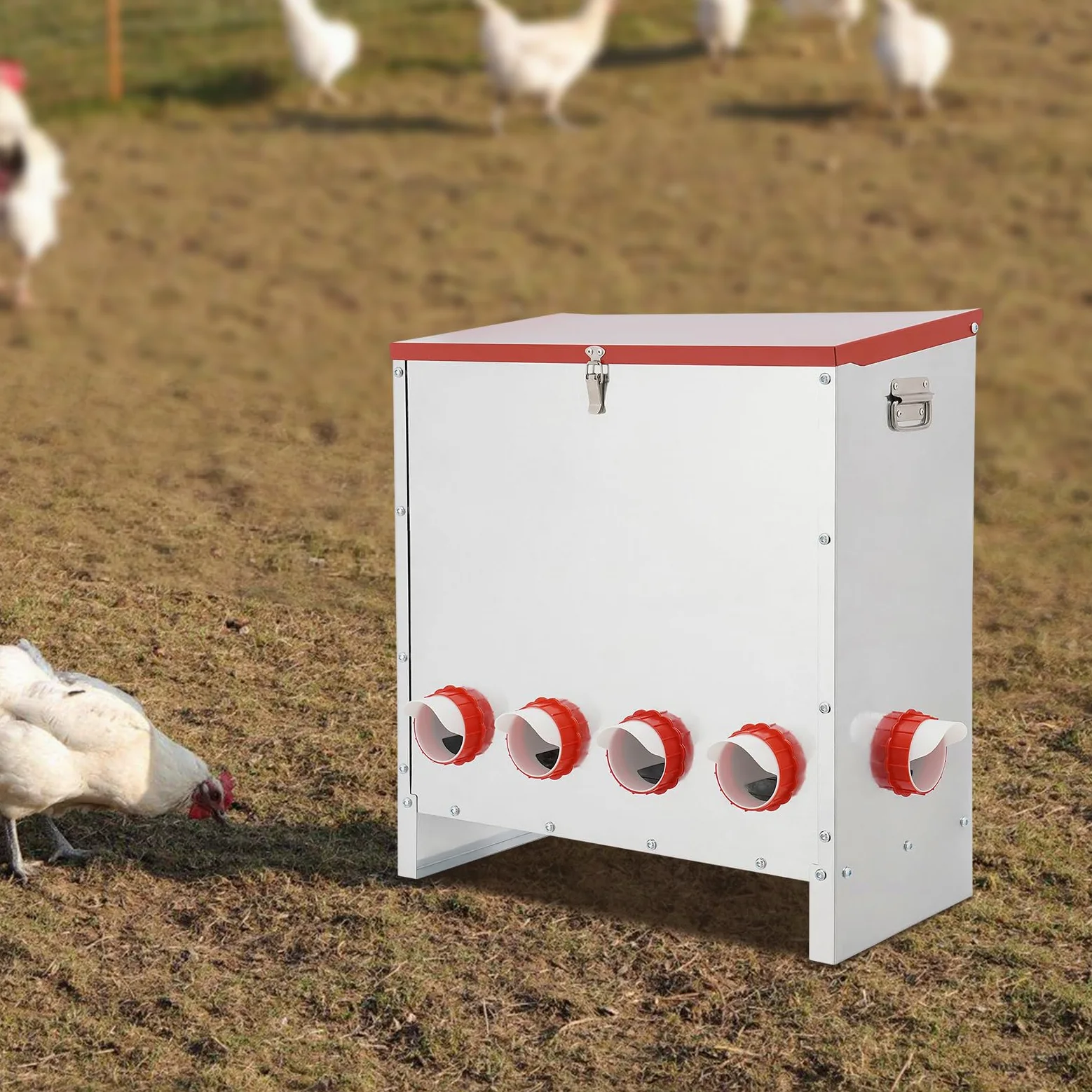 Comedero automático para gallinas, 30 kg/66 libras, de metal, con 10 orificios de alimentación y asa, resistente a la intemperie, adecuado para pollos, patos, aves de corral, etc.