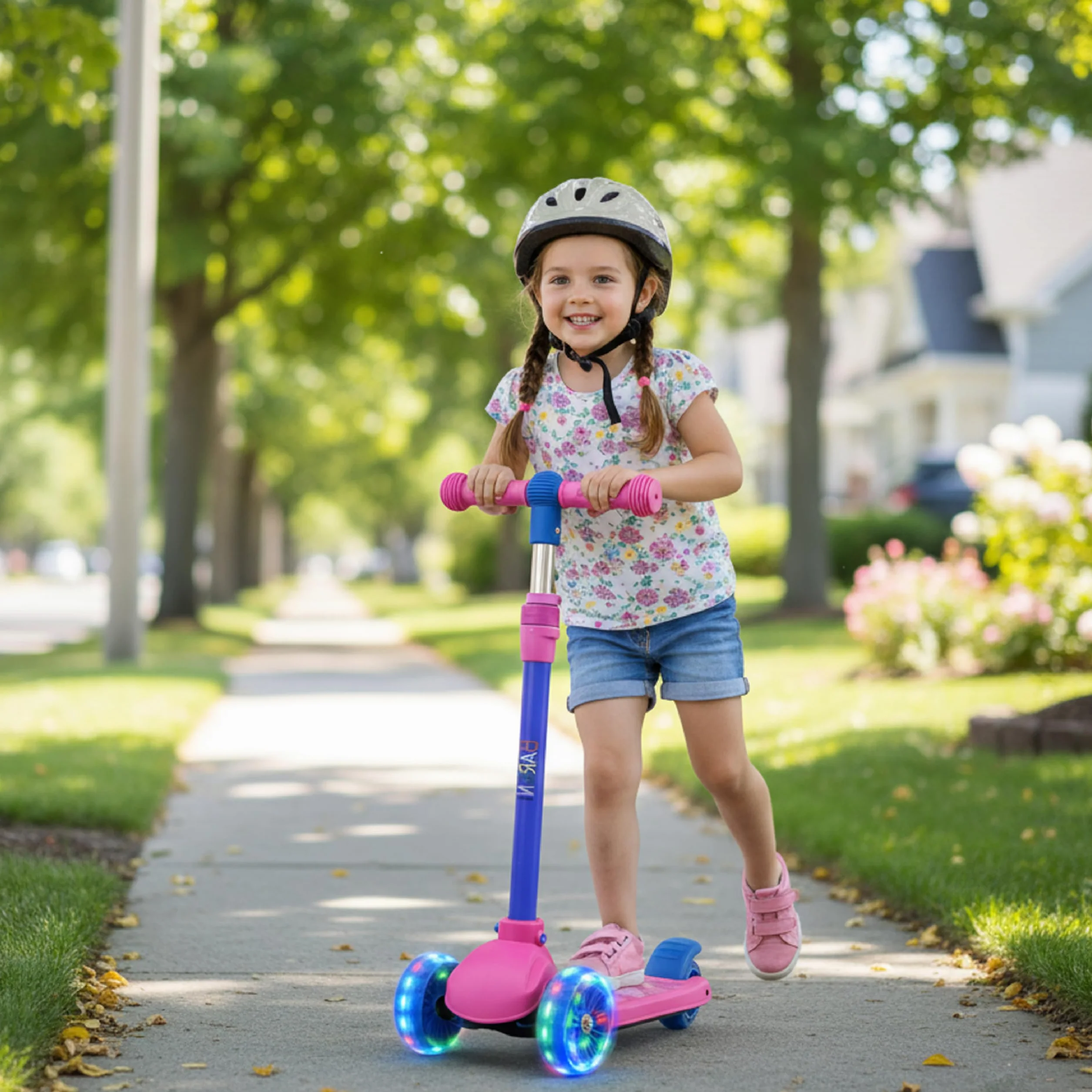 Baroni Toys Patinete 3 ruedas niños LED luminosas sin pilas manillar ajustable 3 alturas freno trasero 52x25x81 cm rosa