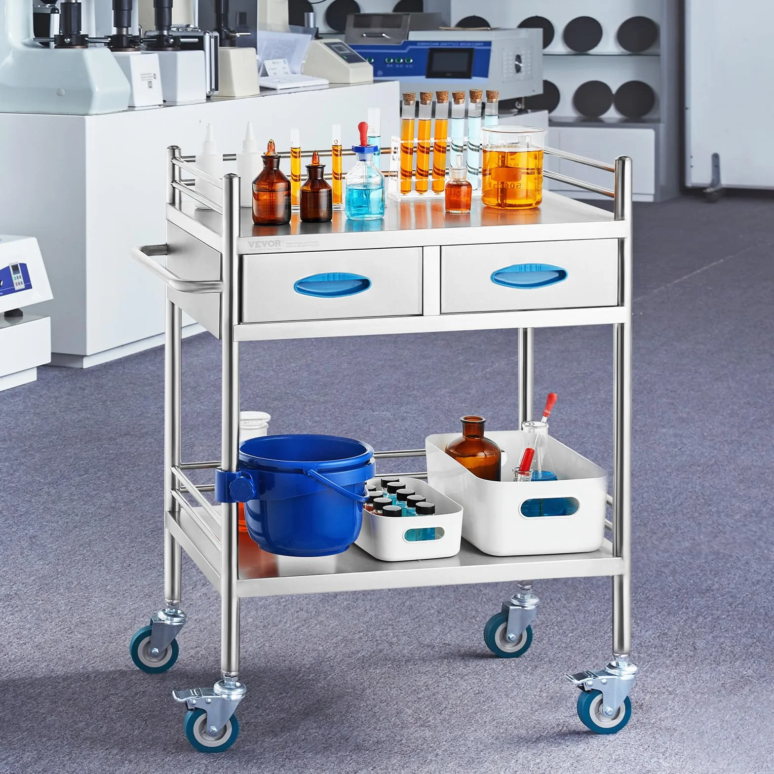 VEVOR Carro de Laboratorio de Acero Inoxidable, Carro Médico 2 Capas 2 Cajones, Carga 100 kg
