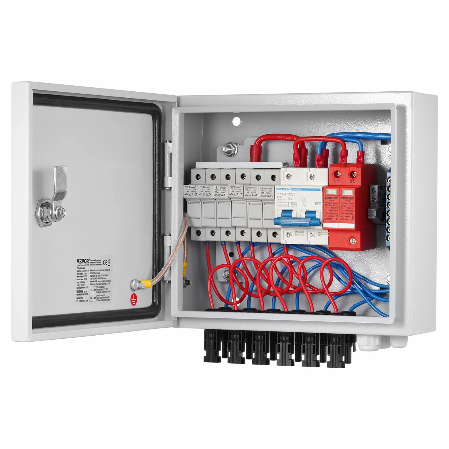 VEVOR Caja Combinadora Fotovoltaica, 6 Cuerdas, Caja Combinadora Solar con Fusible de Corriente Nominal de 15 A Conector Solar, Caja de Acero para Sistema de Panel Solar de Red de Encendido, Apagado