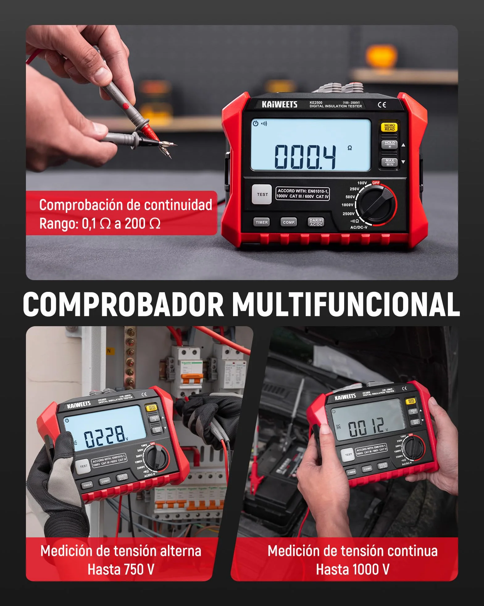 KAIWEETS Comprobador de Resistencia de Aislamiento, Hasta 200 GΩ, Megóhmetro Profesional, 5 Rangos 100 V/250 V/500 V/1000 V/2500 V, DAR/PI con Un Solo Toque, Máx./Mín., Mide Resistencia y Voltaje