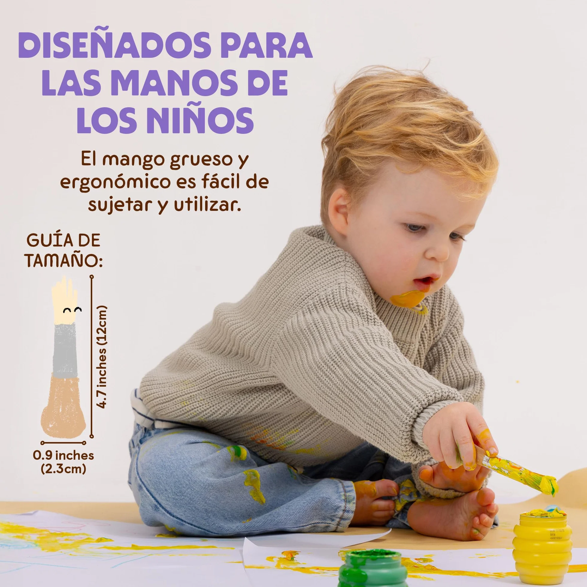 Honeysticks Juego de Pinceles Gigantes para Niños Pequeños - 3 Piezas con Mango de Madera
