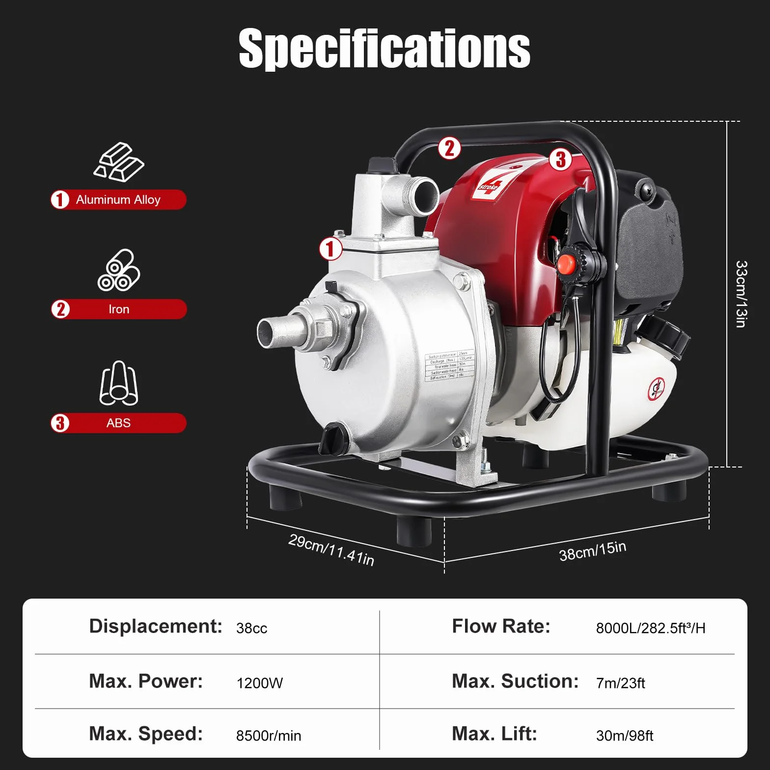 Bomba de agua de gasolina de 4 tiempos, 1200 W, 8500 rpm, gasolina 8000 l/h, caudal de motor, bomba de 30 m, altura de extracción, bomba de jardín, depósito de combustible 650 ml