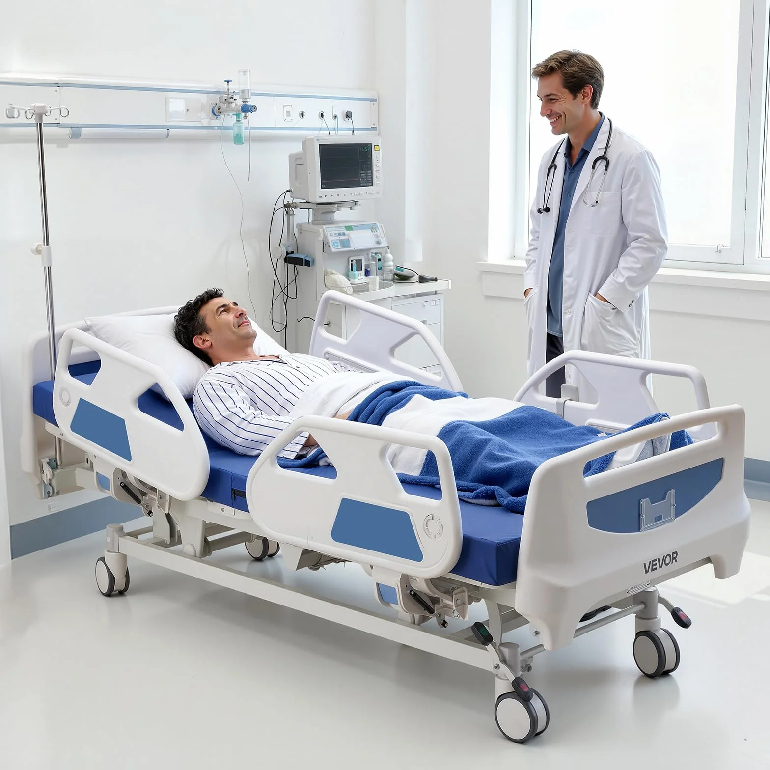 VEVOR Cama de Hospital Eléctrica de 5 Funciones, con Sistema de Cierre Centralizado y Trendelenburg, Cama Médica con Ruedas para Hospitalización en Easa, Capacidad de 250 kg, 217 x 108 x 47-76 cm