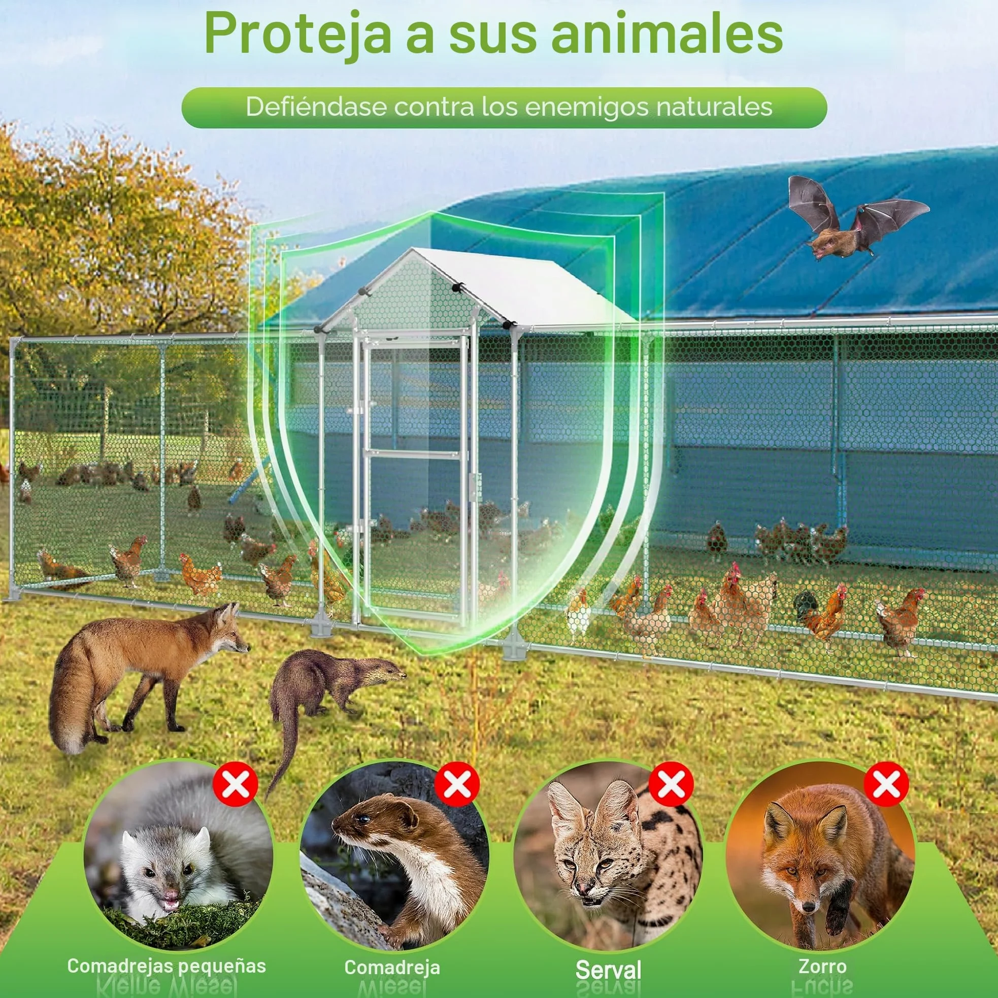 UISEBRT Gallinero para gallineros, 4 x 1 x 1,5 m, estructura de acero galvanizado, con cerradura para gallinas, animales pequeños