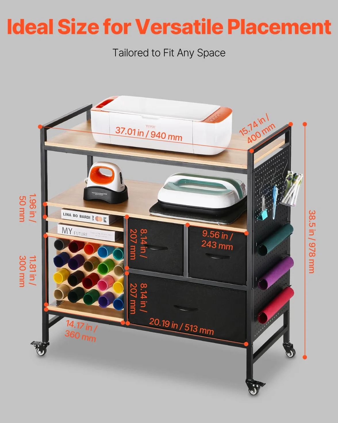 VEVOR Carrito de Manualidades con Ruedas y Mesa de Almacenamiento, Mesa Cricut Plegable con Lados Plegables, 20 Soportes para Rollos de Vinilo y 3 Cajones, Compatible con Máquinas Cricut, Negro