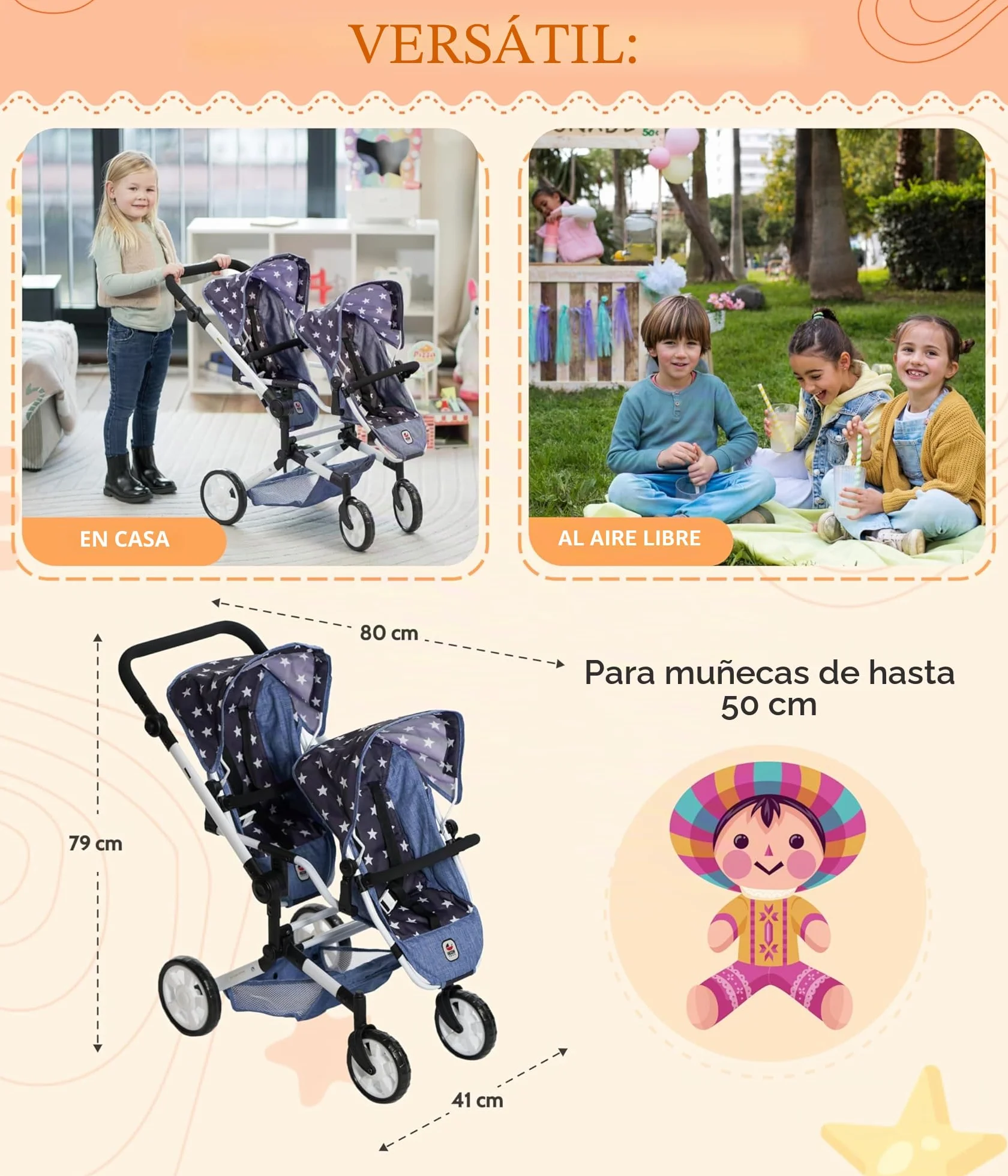 Bayer Chic 2000 Cochecito para muñecas Linus Duo Gris Melange Rosa