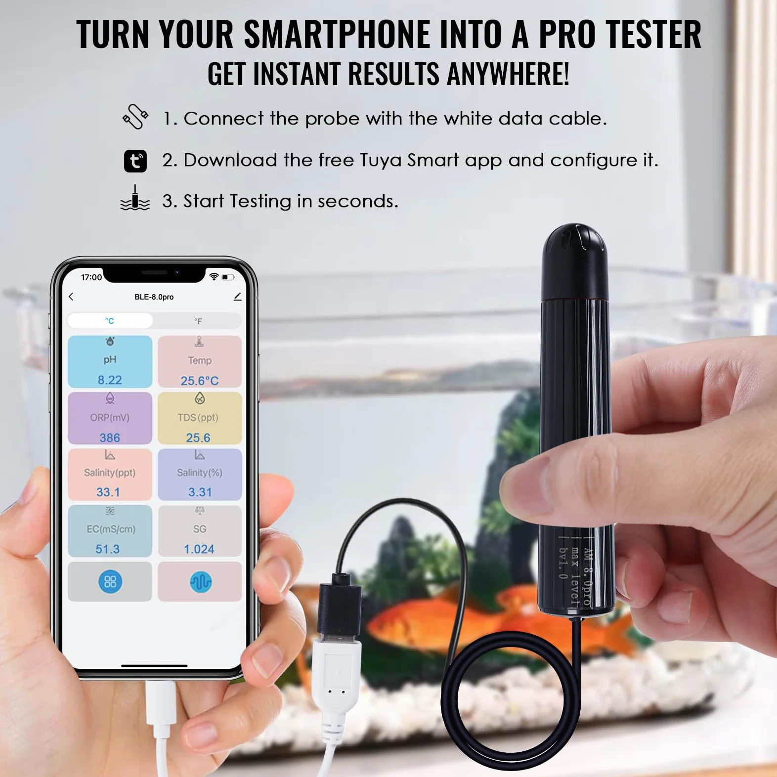 TEKCOPLUS Monitor inteligente WiFi de calidad del agua, 7 en 1, probador digital de acuario e hidropónico para pH, temperatura, TDS, salinidad EC, gravedad específica y sonda multiparámetro ORP en