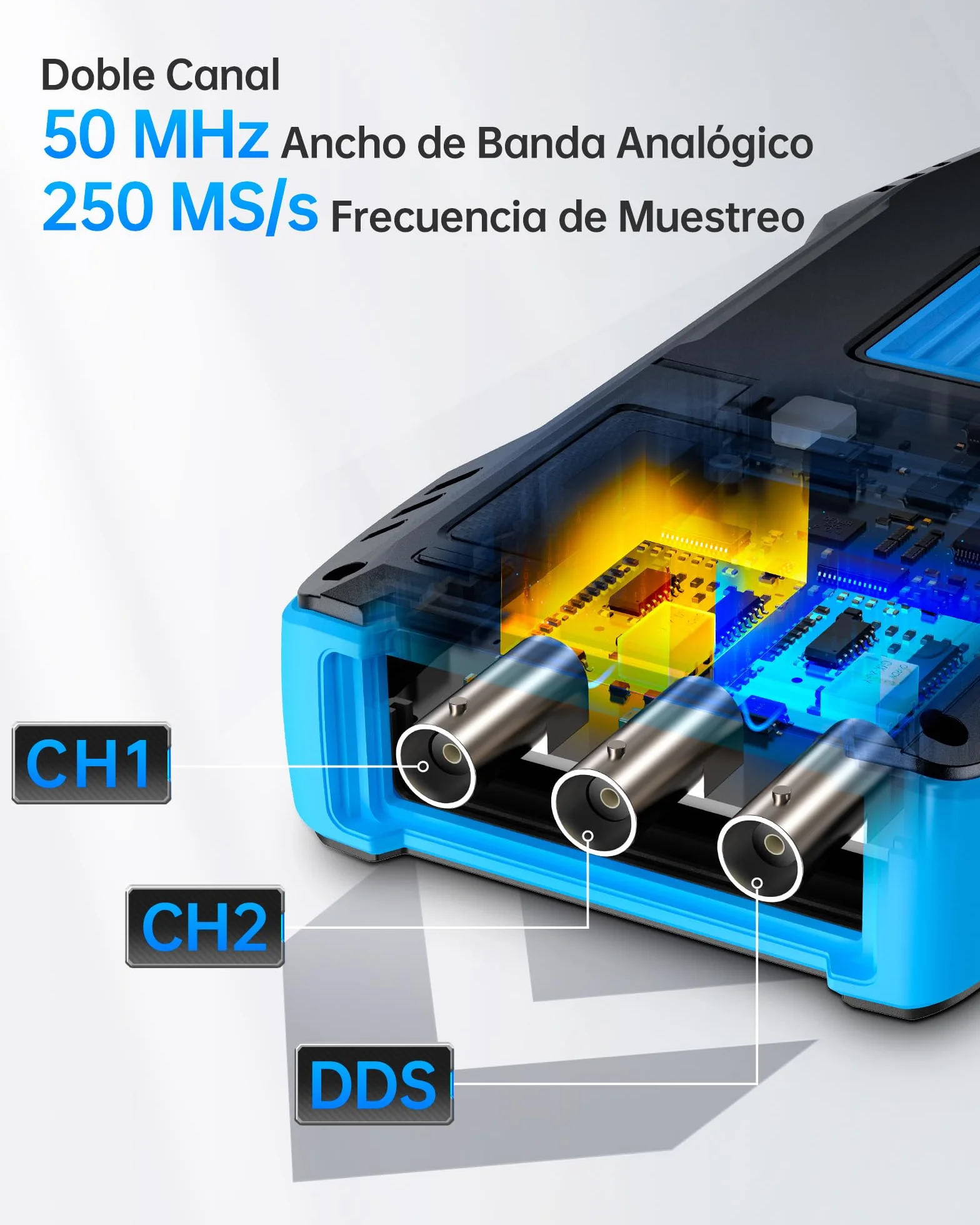 FNIRSI 2C53T Osciloscopio Portátil, Digital Osciloscopio/Multímetro/Generador de Señales DDS 3 En 1, Frecuencia de Muestreo de 50MHz 250MS/s, 19999 Recuentos, Voltaje, Corriente, Condensador