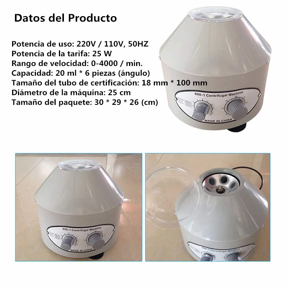 Centrífuga de Laboratorio Eléctrico de Escritorio 0-4000 rpm Temporizador 0-60min con Tubos 6x20ml Enchufe EU