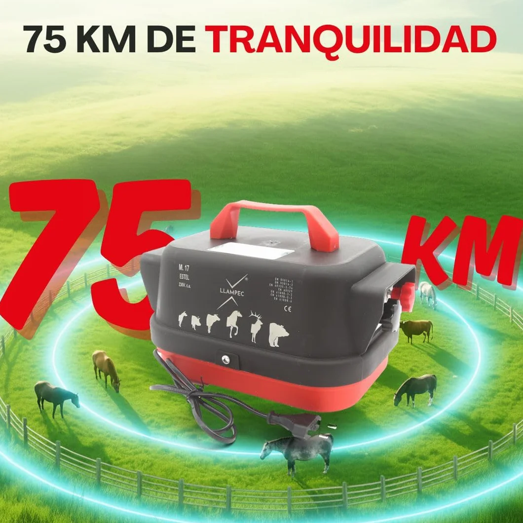 Pastor eléctrico Llampec Mod.17 “Estel” con conexión a red 230V – 6,3 J, 10.000 V y 75 km de alcance – Ideal para ganado equino, vacuno, porcino, ovino y animales salvajes – Fabricado en España