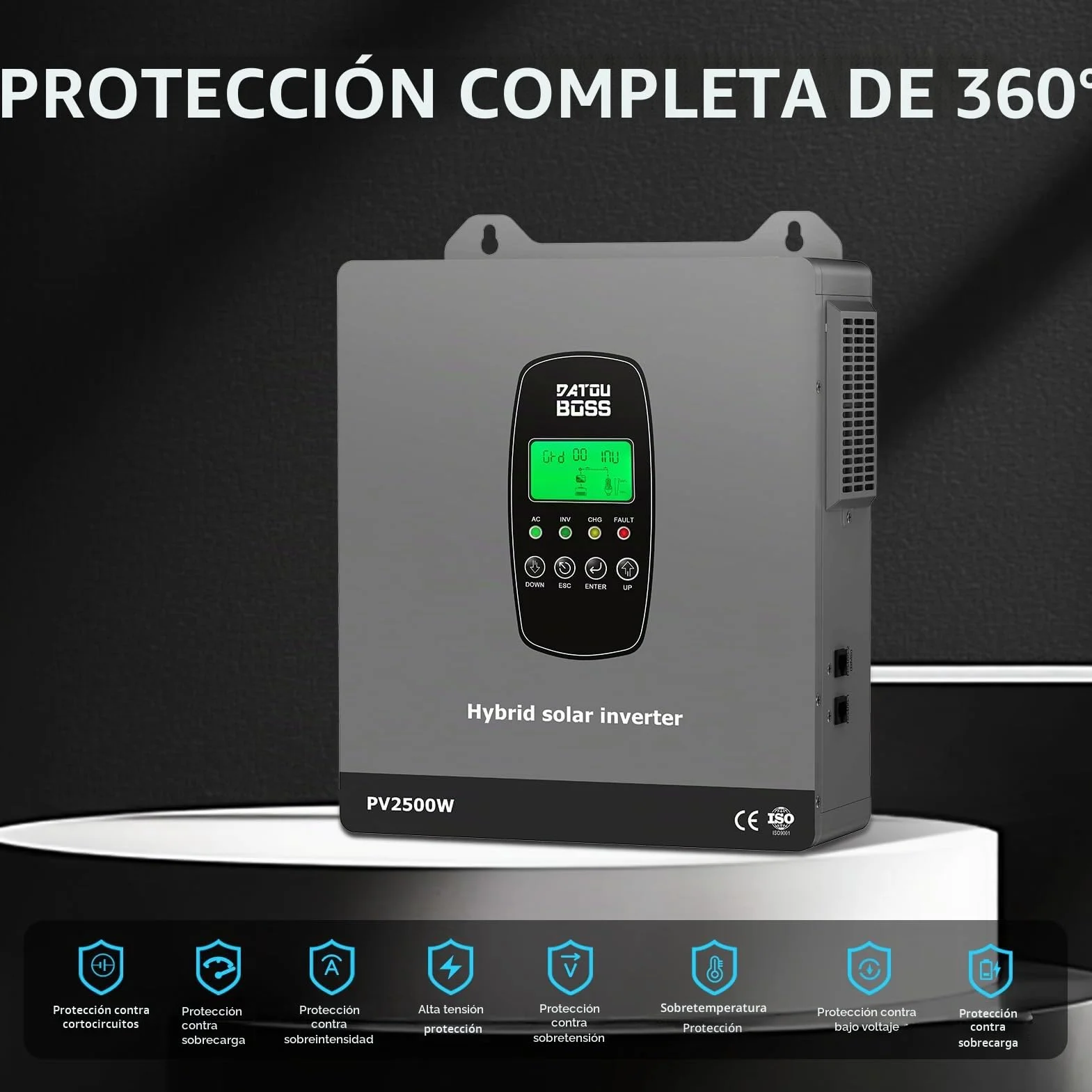DATOUBOSS 1800W Inversor Solar Híbrido 12V, Onda Pura, Entrada fotovoltaica de 2500W,admite Funcionamiento sin batería, 100A MPPT,admite baterías de 12V.
