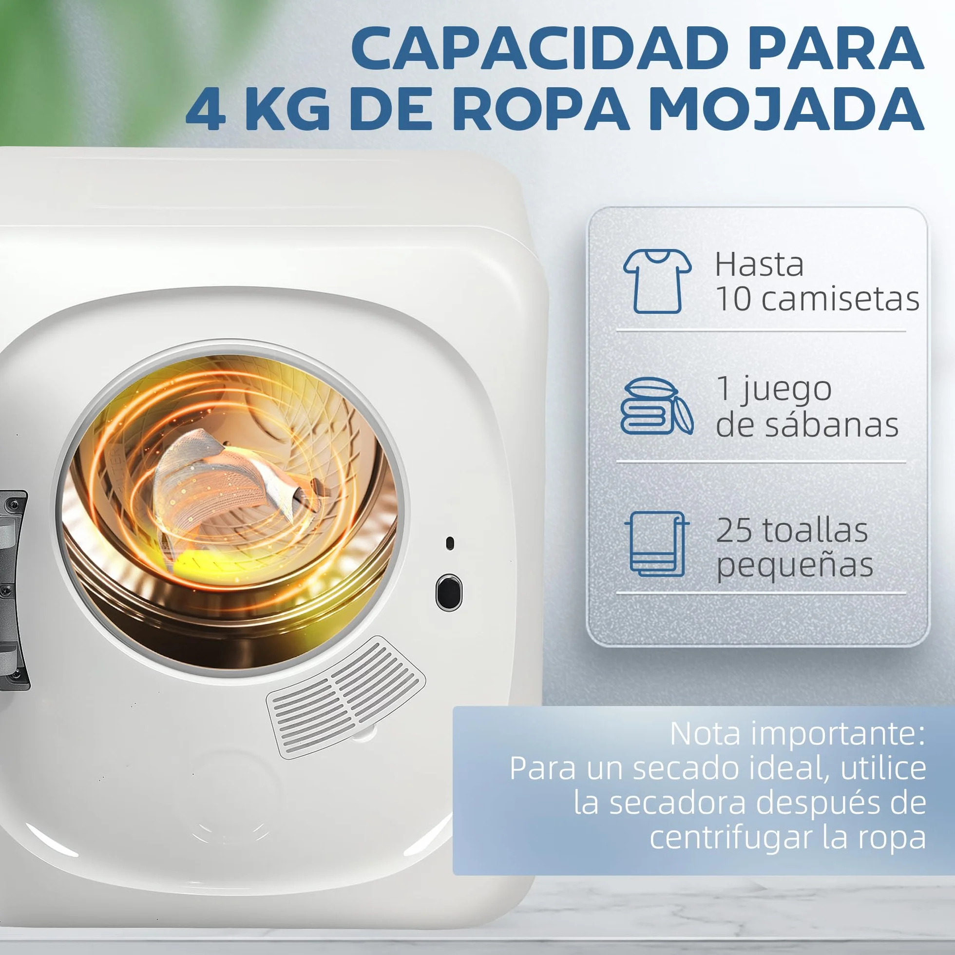 HOMCOM Secadora de Evacuación 4 KG 800W Carga Frontal Tambor Inoxidable Blanco