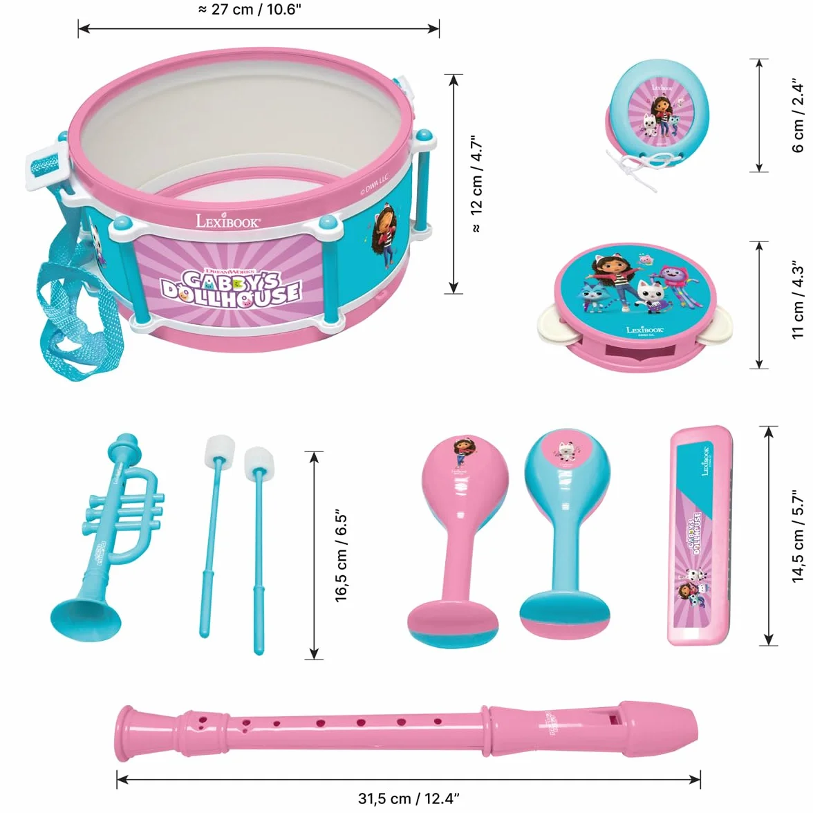 Lexibook La Casa de Muñecas de Gabby Set de 7 Instrumentos Musicales Tambor Maracas Castañuela Armónica Flauta Rosa Azul K360GDHLXB