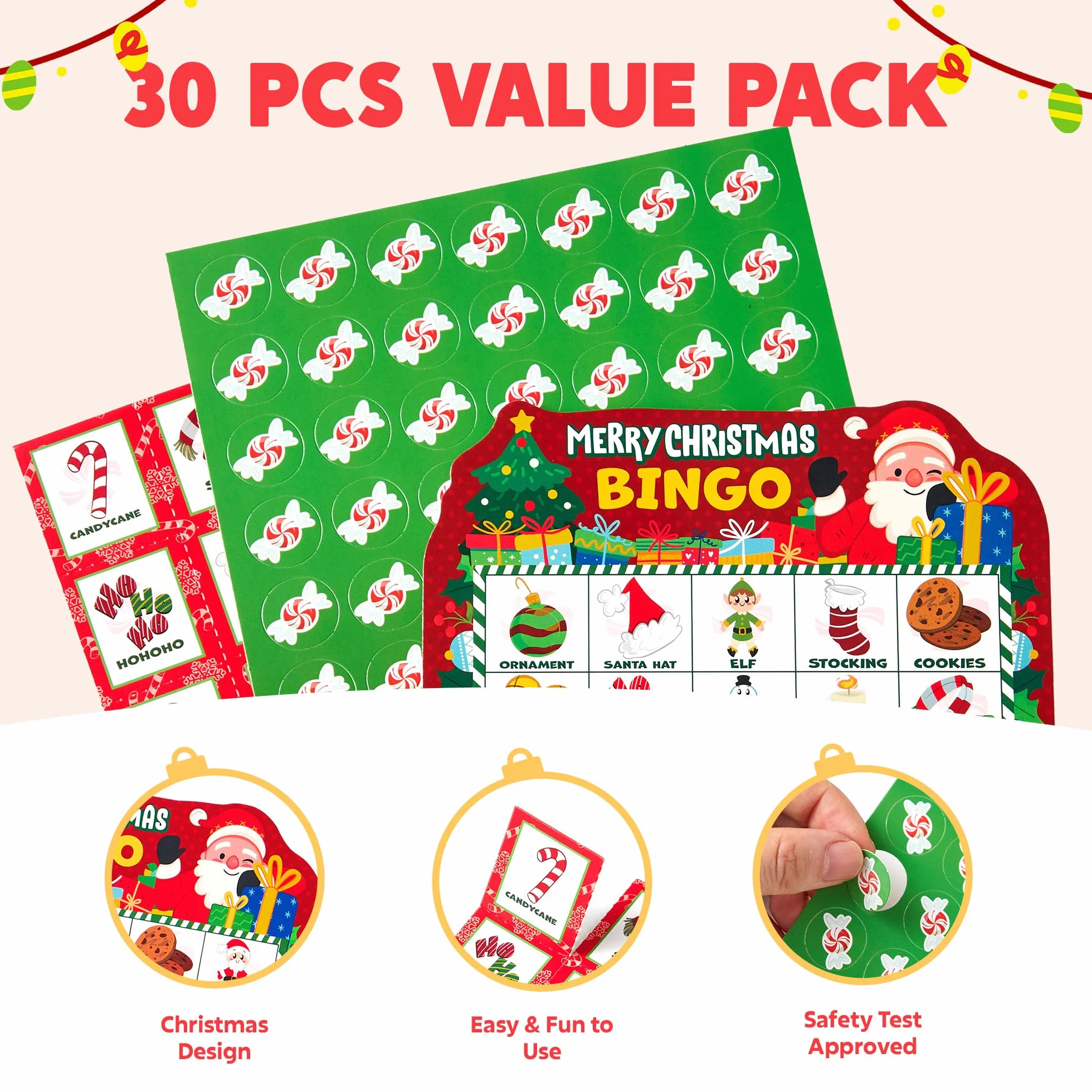 JOYIN Juego de cartas de bingo de Navidad para 30 jugadores, 3 colores