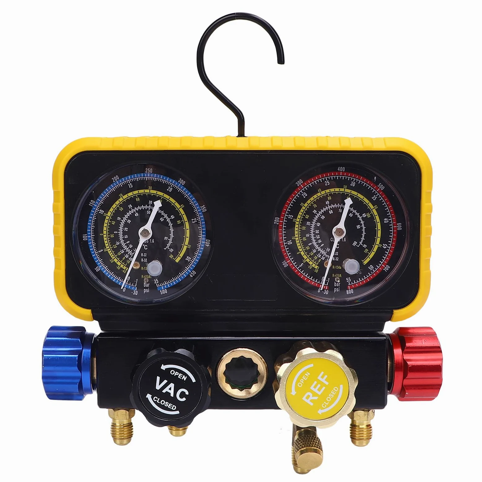 Ejoyous Manómetros HVAC con Mangueras, Reemplazo de Juego de Manómetros de Colector de 4 Vías, para Refrigerantes R410A R32 R134A R22, Medidor de Flujo con Válvulas de Seguridad
