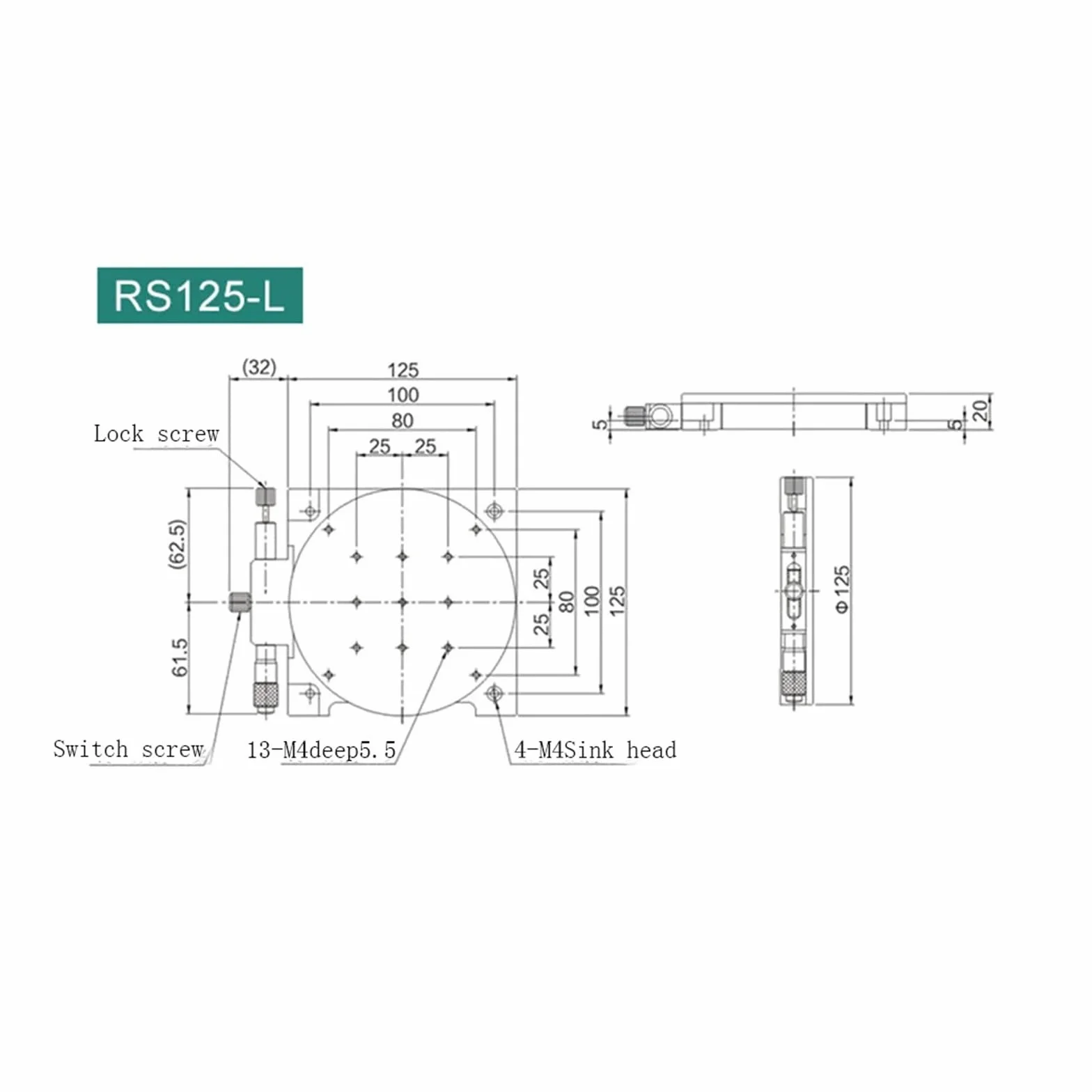 Eje Etapa Lineal giratoria Eje R 125MM Manual 360 Grados Mesa Deslizante giratoria micrómetro precisión Desplazamiento ángulo Ajuste Plataforma óptica 125-L