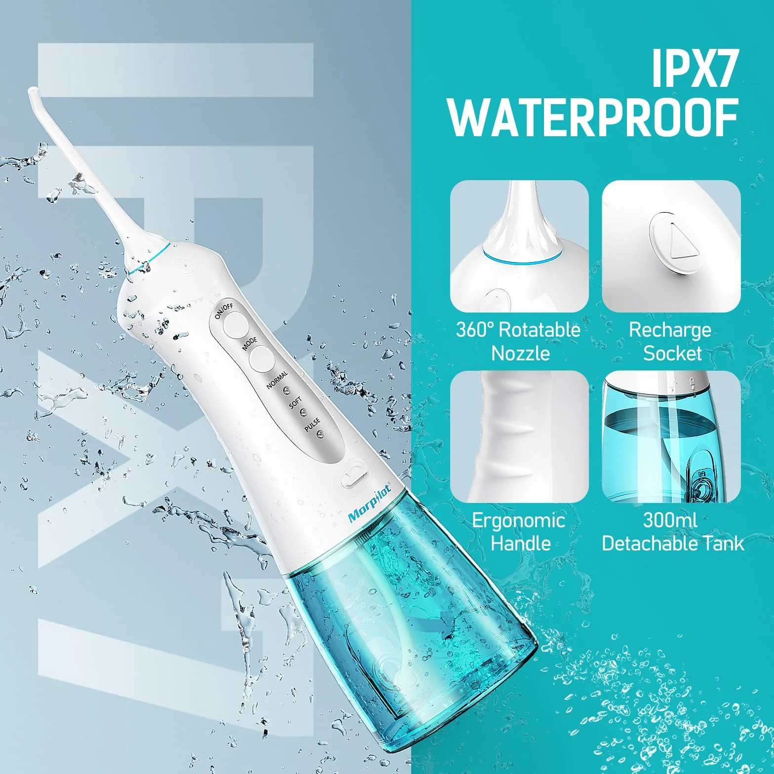Morpilot Irrigador Bucal Dental Inalámbrico 3 Modos 5 Boquillas IPX7 300ML