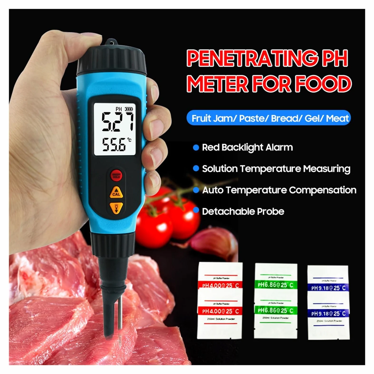 Medidor de PH PH818M for procesamiento alimentos 2 en 1 probador medidor temperatura solución retroiluminación LCD Digital, Probador preciso(Food PH Meter)