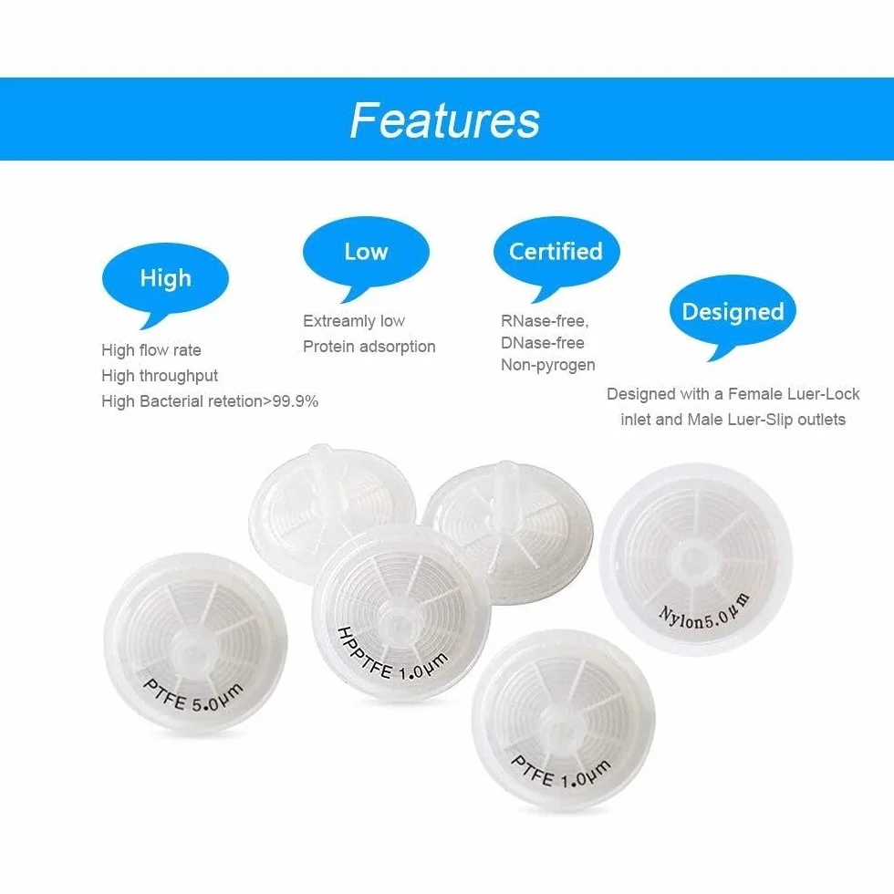 Filtros de jeringa PTFE - Hidrófobos, Diámetro 25mm, Tamaño de poro 1,0μm o 5,0μm, Paquete de 100 para filtración de laboratorio(PTFE-25mm-1.0μm)