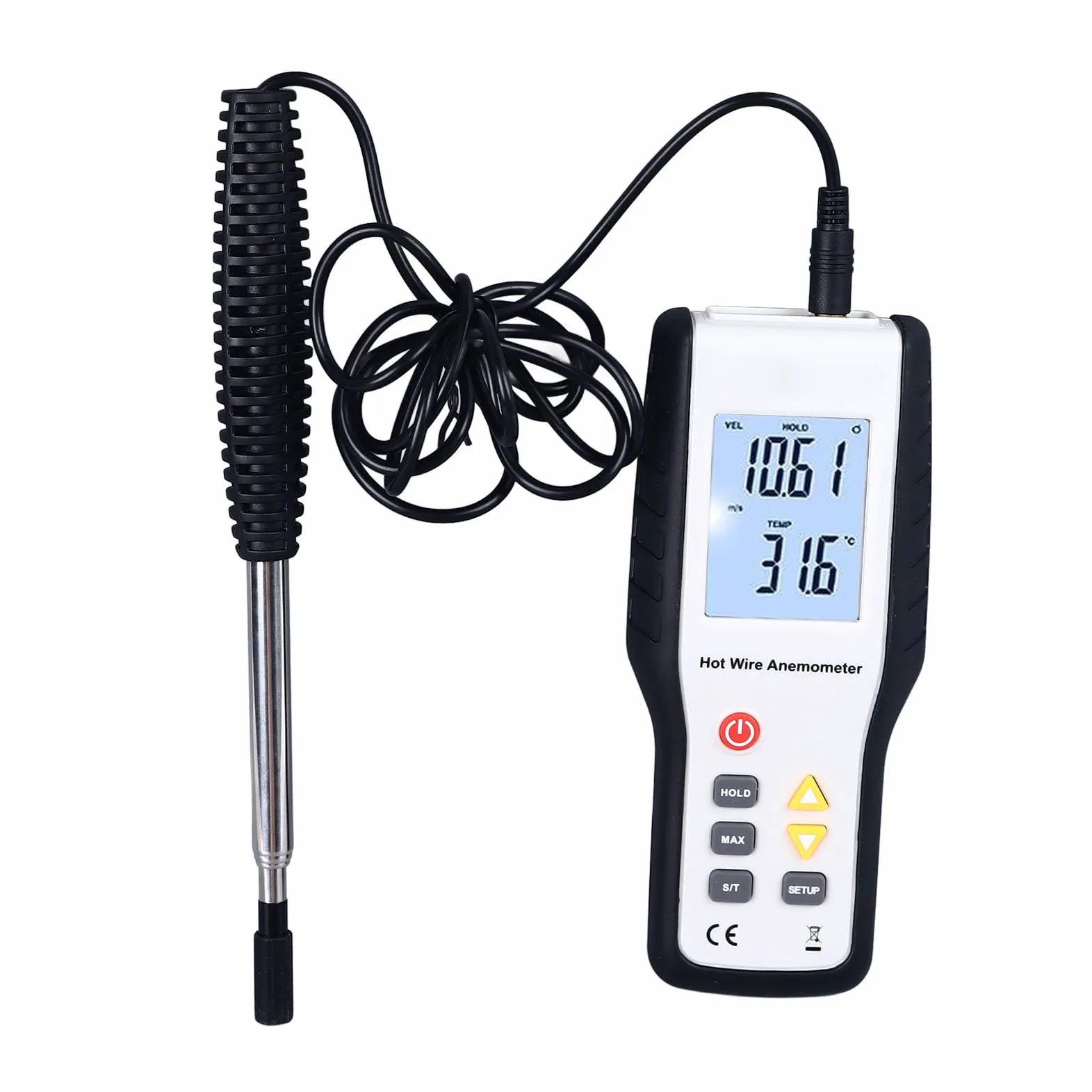 Anemómetro térmico de sonda extensible de 1000 mm con pantalla LCD retroiluminada - Medidor de temperatura y velocidad del viento portátil para medición del volumen de aire,