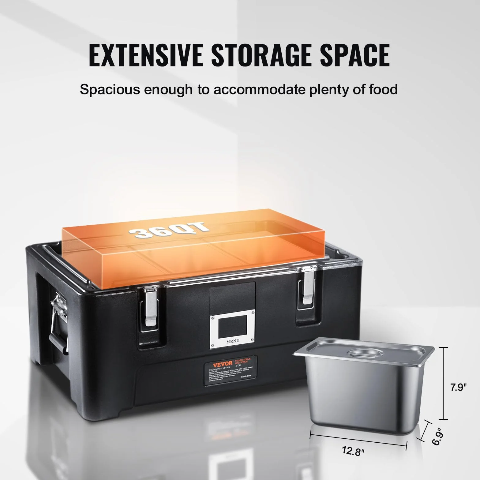 VEVOR Transportador de alimentos aislado 36 cuartos caja caliente apilable para catering con 3 sartenes de acero inoxidable calentador de alimentos LLDPE con asas laterales elásticas y hebillas, Negro