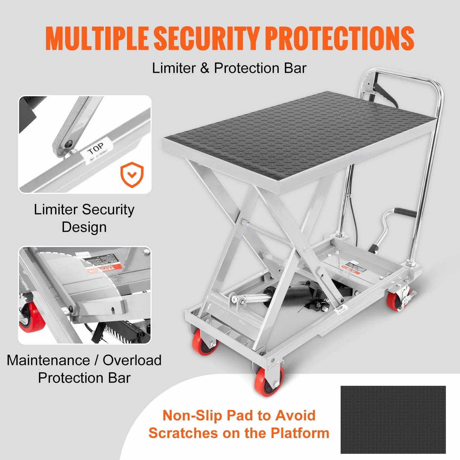VEVOR Carro Hidráulico de Mesa Elevadora Capacidad de Carga de 230 kg Elevador Manual de Tijera Simple Altura de Elevación de 720 mm 4 Ruedas Cojín Antideslizante para Manipulación Transporte, Gris
