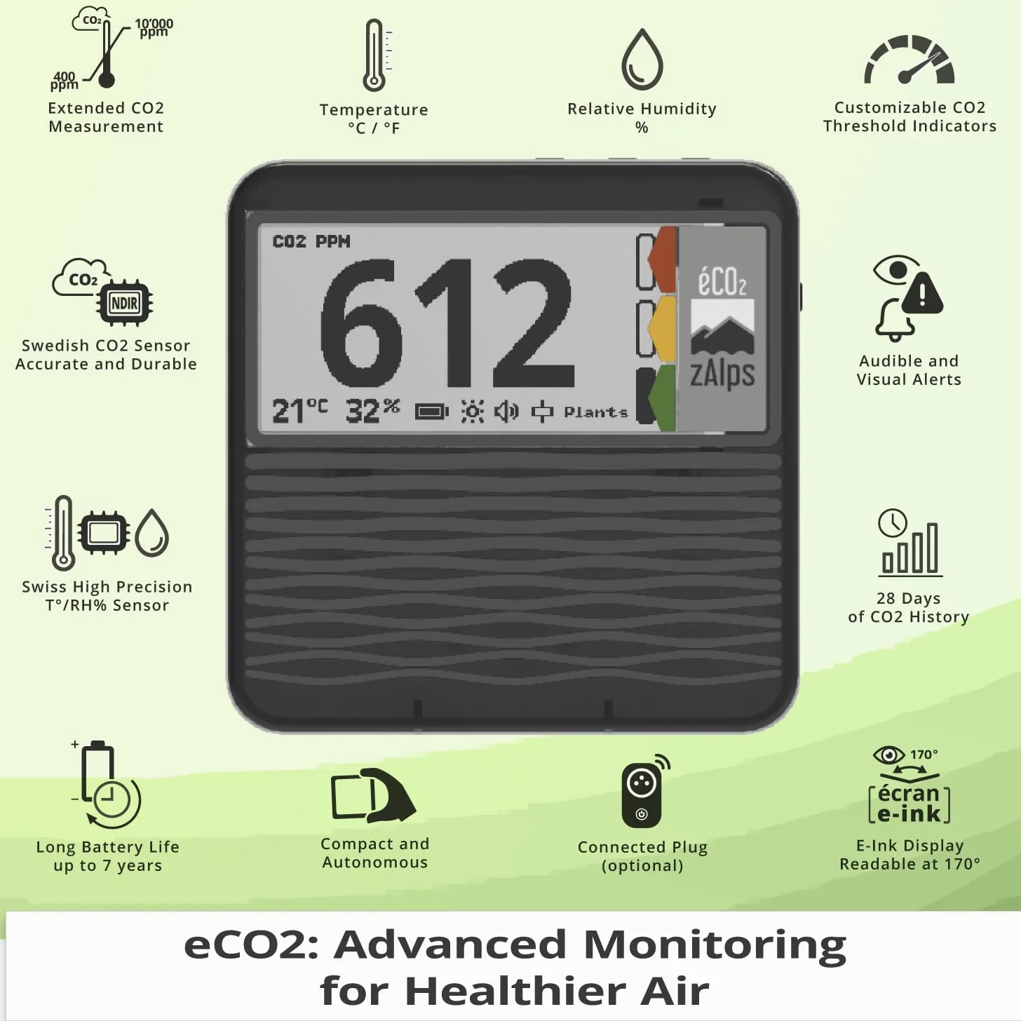 Eco2 – Monitor de calidad del aire interior – Detector de CO2 preciso y duradero – Sensor de CO2, temperatura y humedad – Independiente y portátil – Perfecto para hogar/oficina/escuela