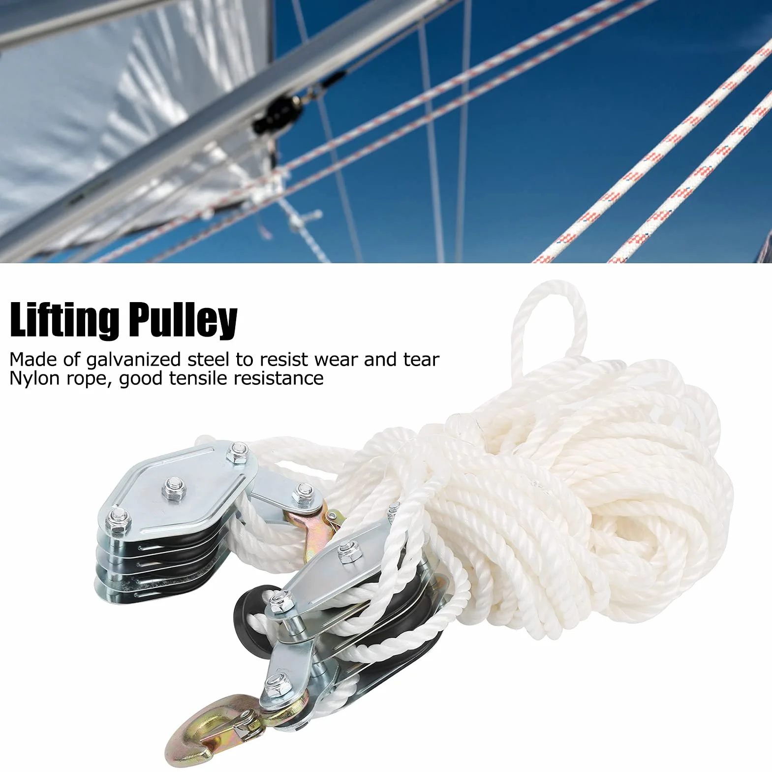 Polea resistente de 4000 libras con gancho de acero y cuerda de nailon multihebra para levantar objetos de manera eficiente. Ideal para garaje de carga y uso industrial