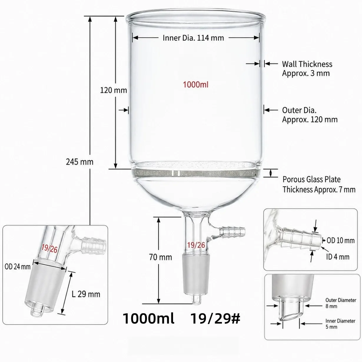 Embudo Büchner Placa Porosa Vidrio Borosilicato Vacío Aparato Lab-19/26# 1000ml