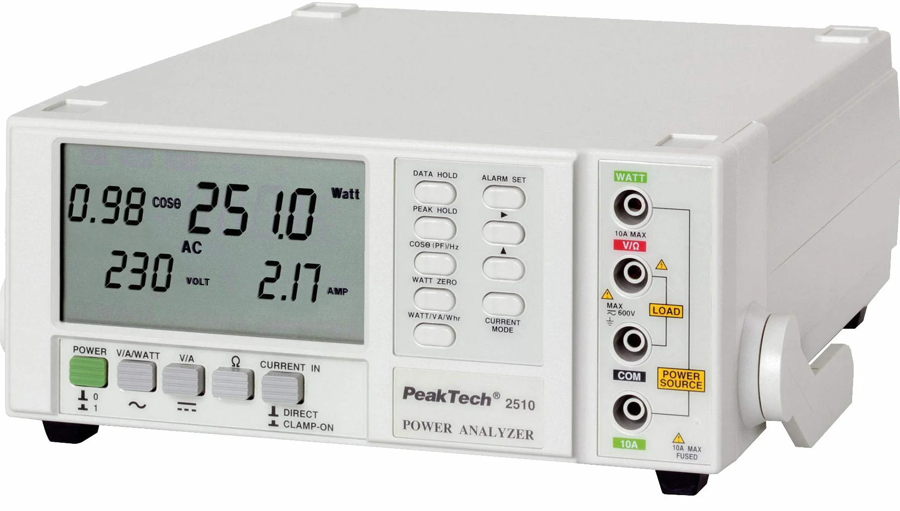 PeakTech, 2510 Analizador de potencia, vatímetro, amperímetro Analizador de potencia de 1 fase hasta 1000 kW, pantalla hasta 10000 kWh con RS-232, cos phi, frecuencia, resistencia