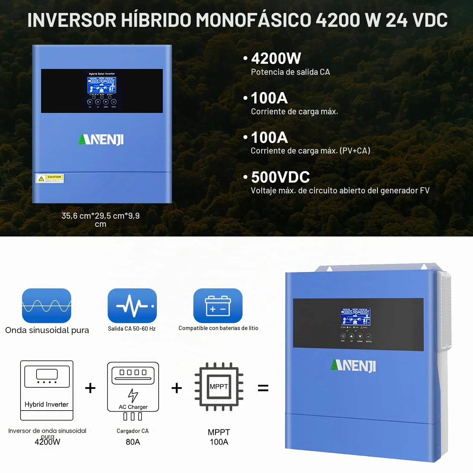 Inversor híbrido de 4200 W, 24 V CC/230 V CA, inversor solar de onda pura 100 A, MPPT + alimentación a la red, tensión de entrada máxima de PV de 500 V + 4 modos de carga para baterías de litio de 24