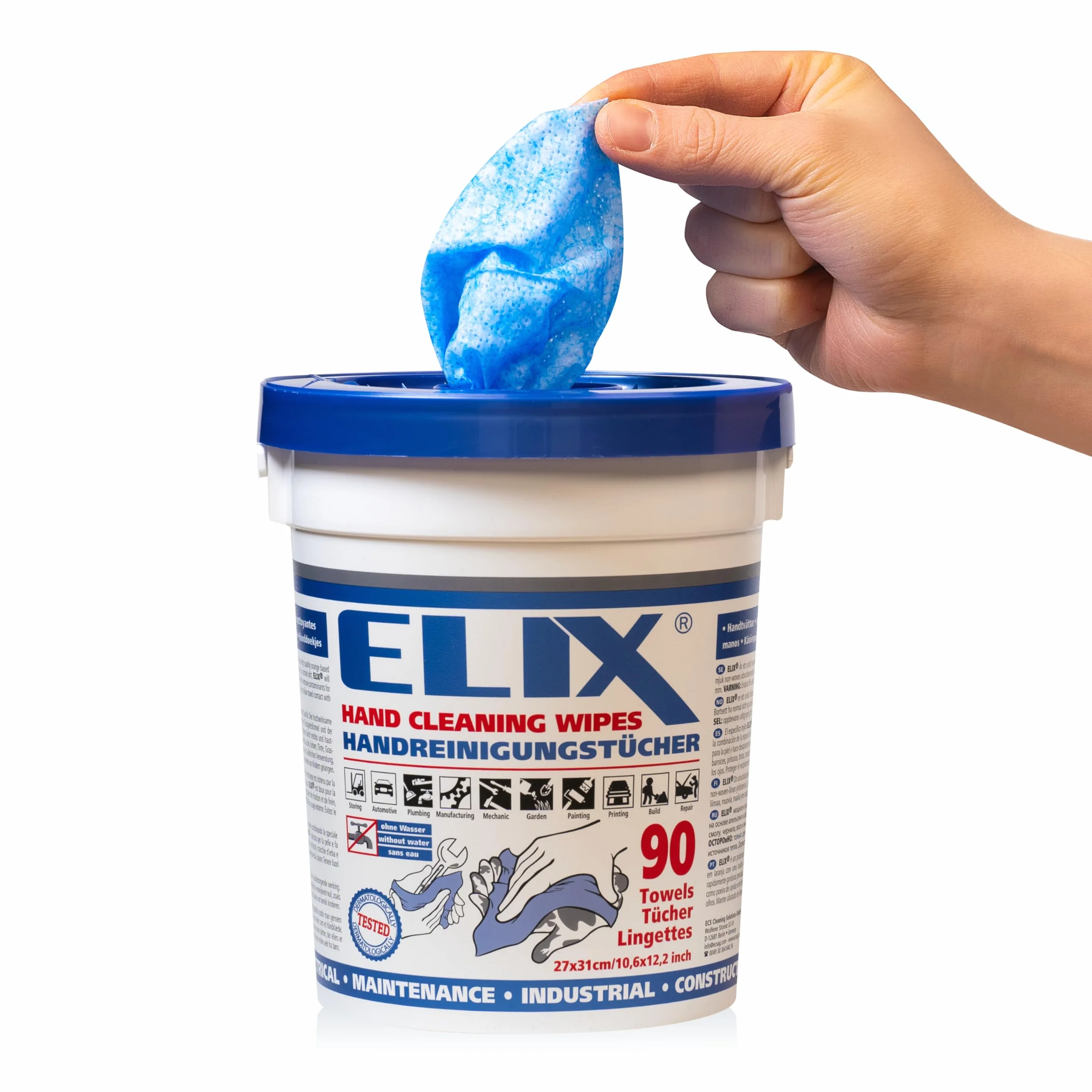 ELIX Toallitas Limpiamanos - 6 * 90 uds. en Cubo Estable con Tapa - Lado Abrasivo y Liso - Tamaño 31 * 27cm - Toallitas Limpiamanos Húmedas - Limpian las Manos sin Agua ni Jabón - Azul