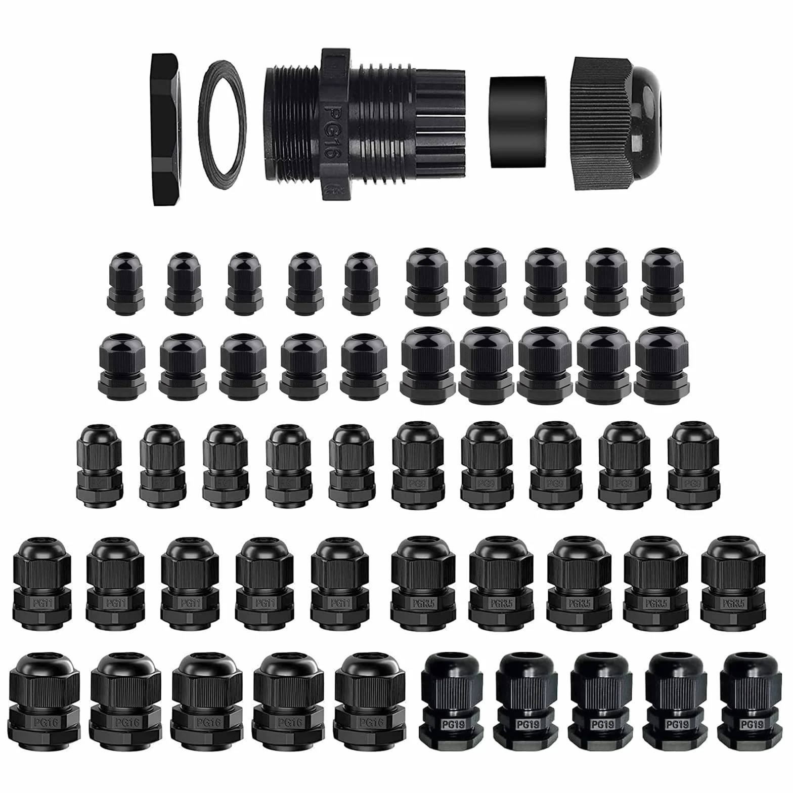 Kit de 50 piezas pasacables impermeables ajustables M12-M25 PG7-PG19 de plástico negro