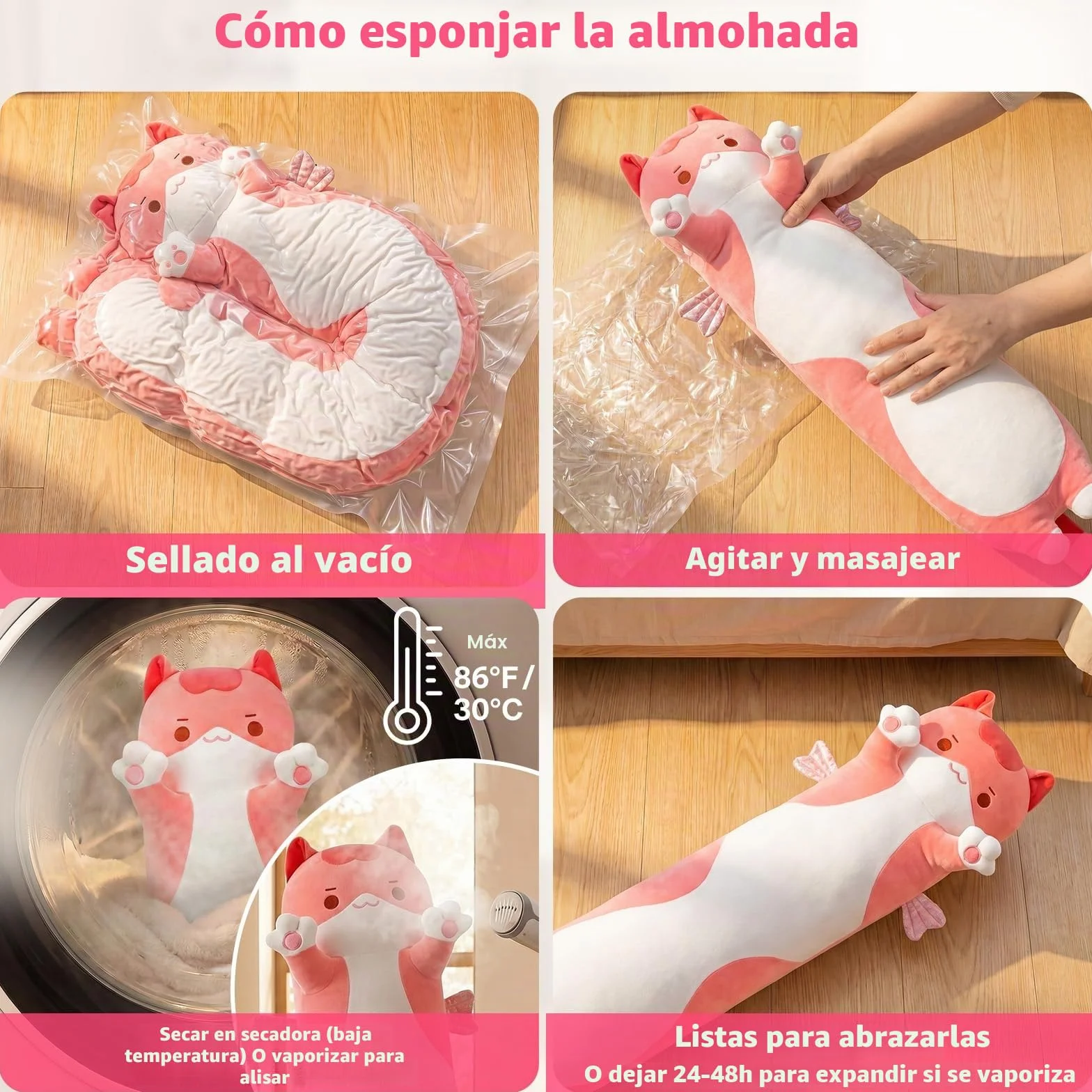 Mewaii Cojín de Peluche Gato Rosa 130 cm Kawaii Juguete para Niños