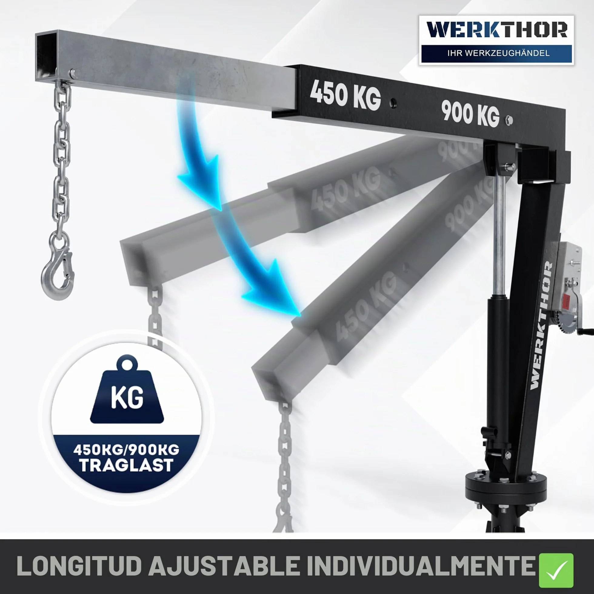 WERKTHOR Grúa de carga para Pick Up 900 kg con cabrestante e hidráulica – Grúa Pick Up para remolque y plataforma giratoria 360° – Mini grúa incl. material de montaje y base sólida – Grúa de taller