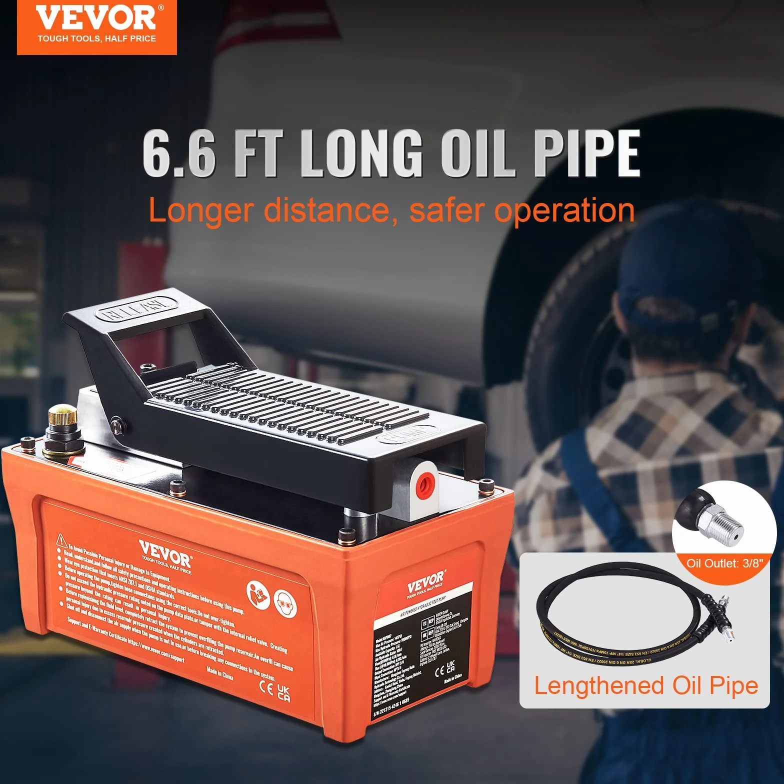 VEVOR Bomba de Aire Hidráulica 10.000 PSI Salida de Aceite NPT 3/8" Entrada de Aire NPT 1/4" Bomba Hidráulica de Pedal de Aire Tubo de Aceite de 2 m Bomba Hidráulica de Aire Accionada por Pie Naranja