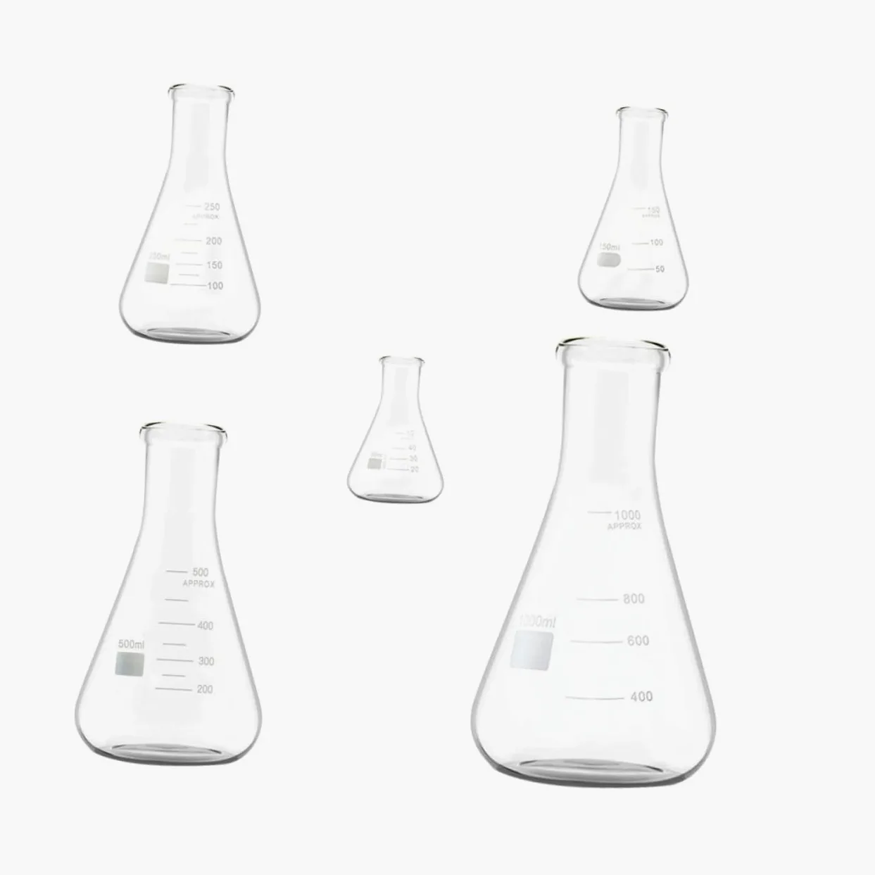 Anneome Matraz Cónico de Vidrio de Borosilicato 5 Piezas para Laboratorio | Boca Estrecha, Fondo Plano y Graduaciones Estándar, 50ml a 1000ml, Uso en Educación