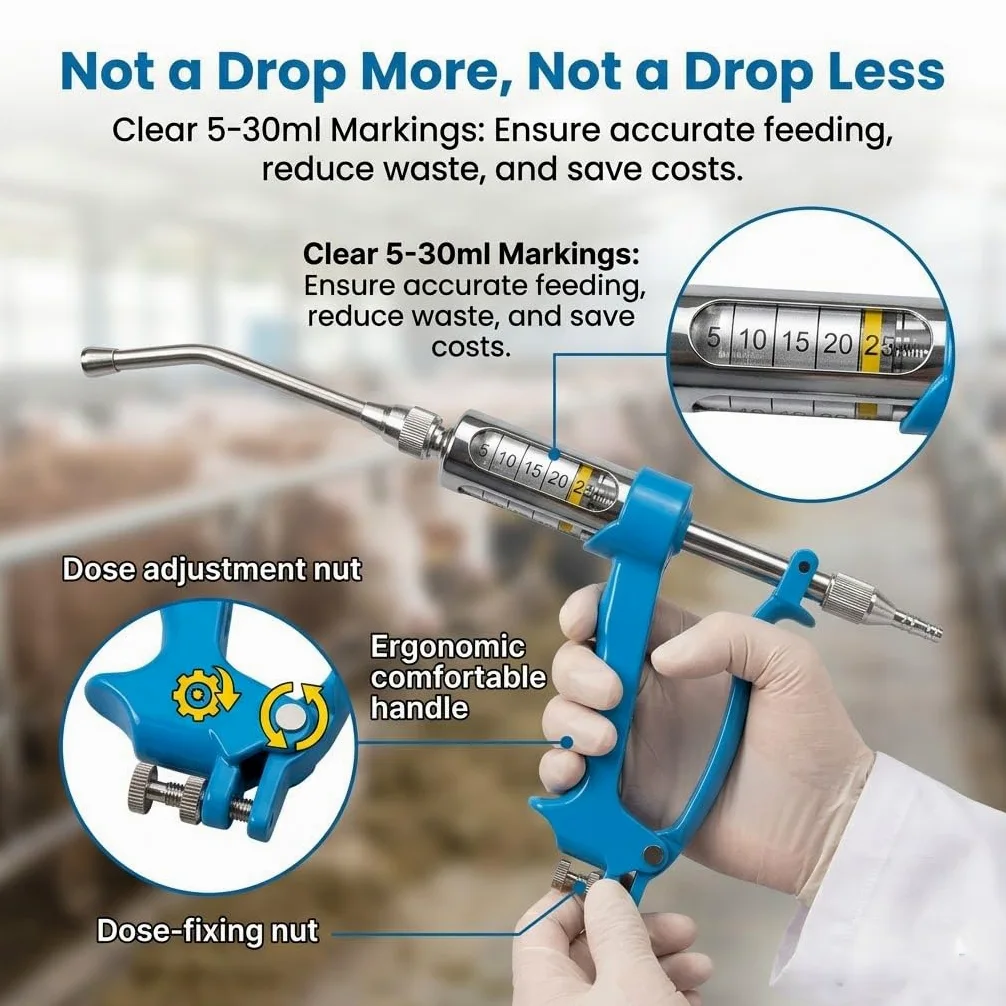Pistola de empapado continuo resistente de 30 ml, compatible con sistemas de admisión de ovejas, caballos y cerdos, cubo de alimentación continua ajustable para mantenimiento de granjas