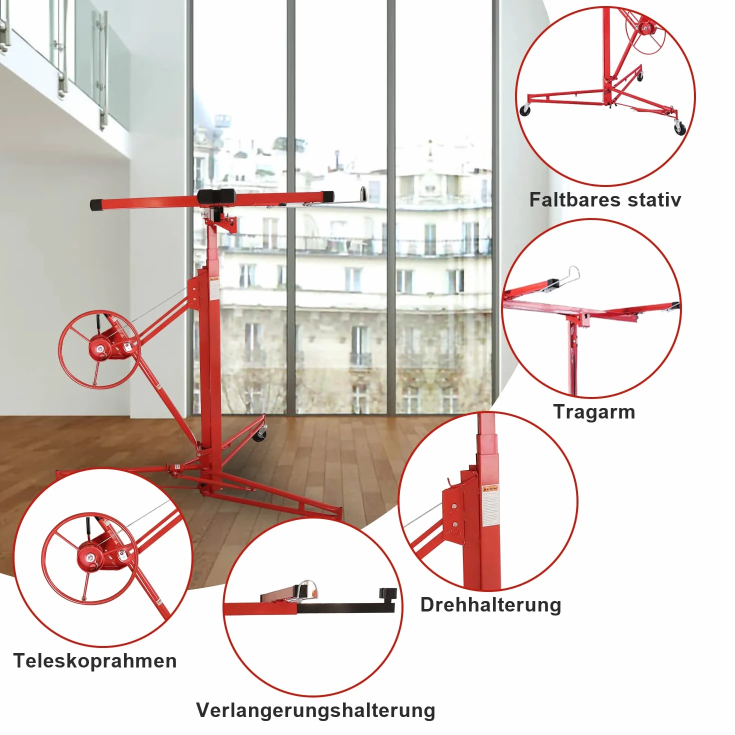 Elevador de paneles de yeso ayuda plegable XXL para placas de rizo, altura regulable de 140 cm a 350 cm, altura de trabajo de 68 kg, carga máxima de 290 cm, ancho de carga, ayuda de montaje
