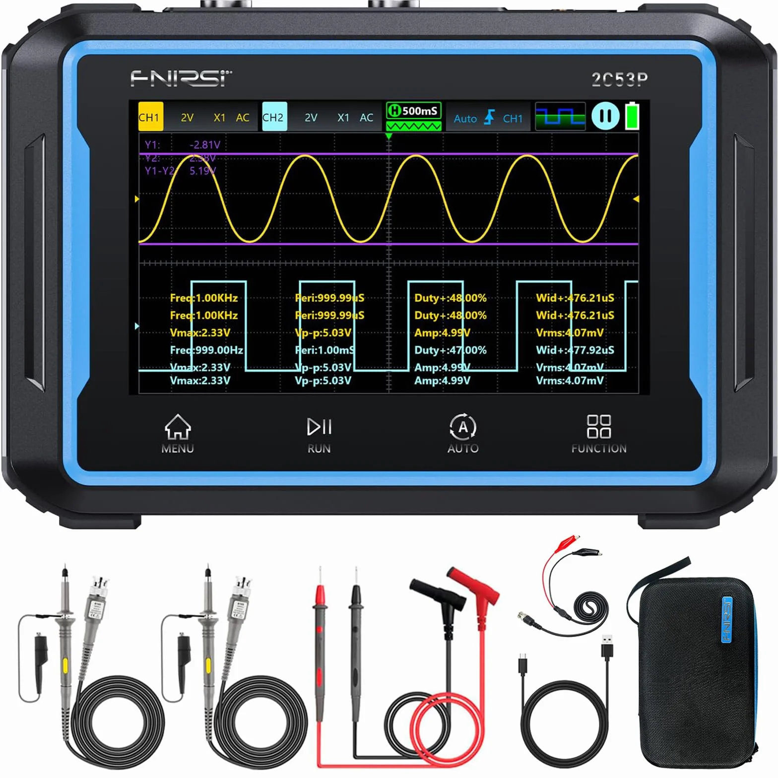 FNIRSI 2C53P Osciloscopio Portátil para Tableta, Multímetro, Generador de Señal DDS 3 en 1, Osciloscopio Automotriz de 2CH*50MHz, 19999 Recuentos, Muestreo de 250 MS/s, Pantalla Táctil de 4,3 Pulgadas