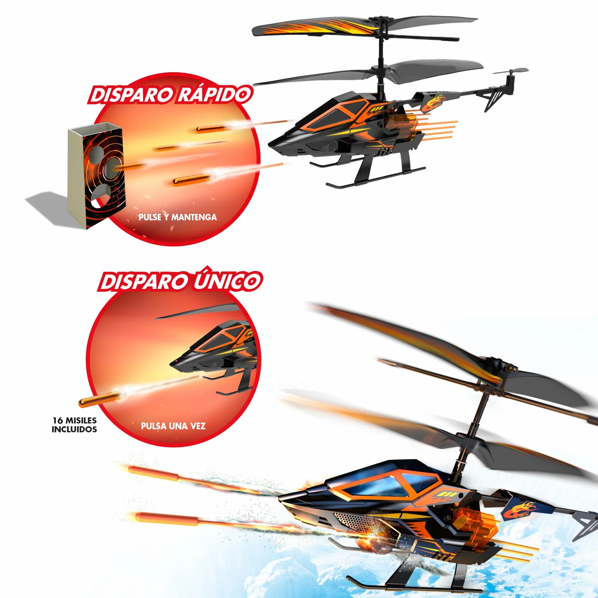 Bizak FLYBOTIC Hover Blast Helicoptero teledirigido con Mando Radio Control y 16 Cohetes