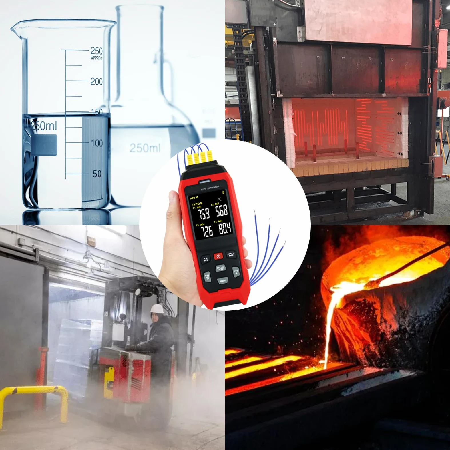 Termómetro digital de termopar de 4 canales tipo K/J, registrador de datos de temperatura con 5000 grupos de registros, alarma audible, apagado automático, rango de -200.0 °C a 1,371.7 °C, herramienta