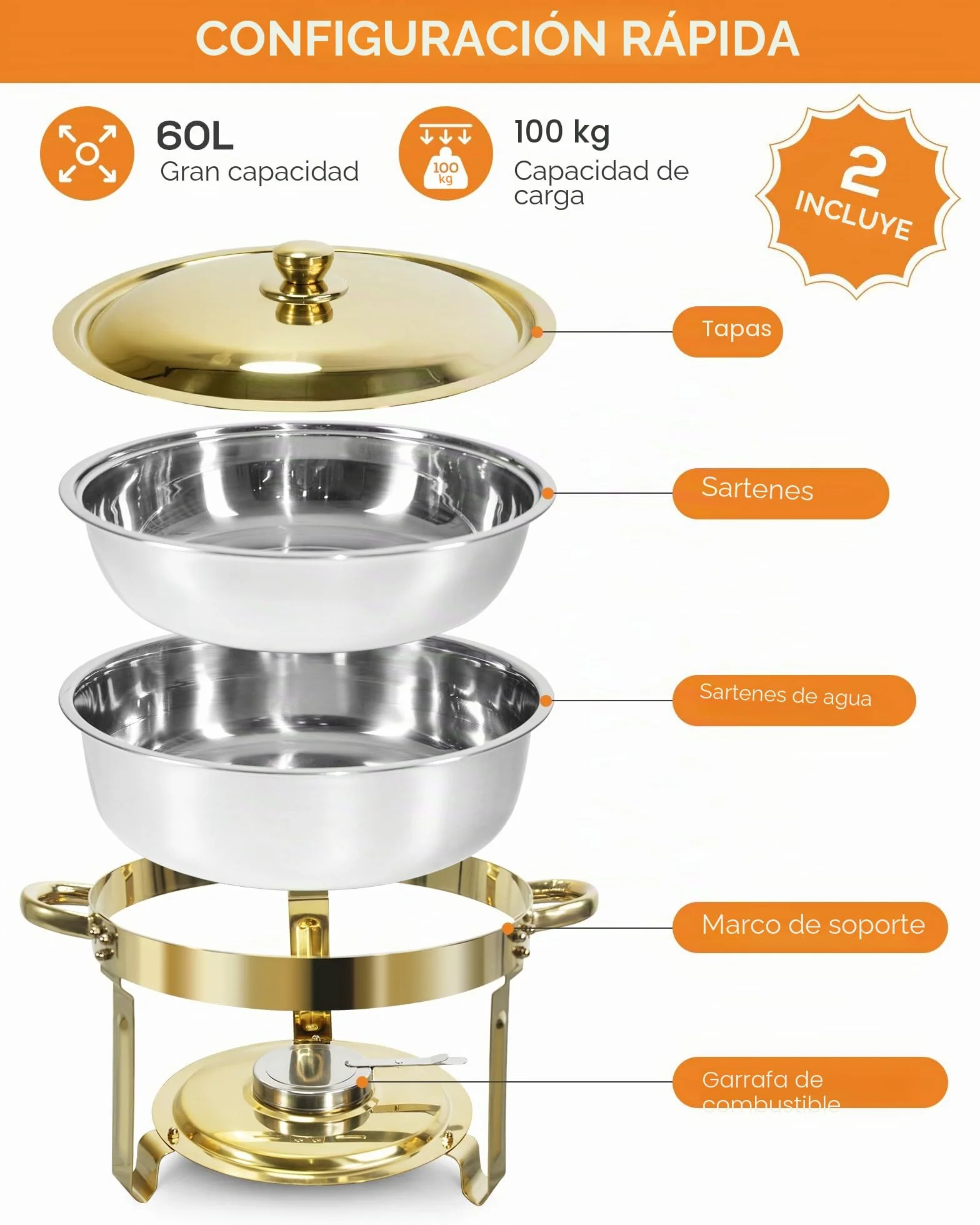 Oro Chafing Dish Buffet Set 5L Acero Inoxidable 2 Recipientes Calientes para Catering