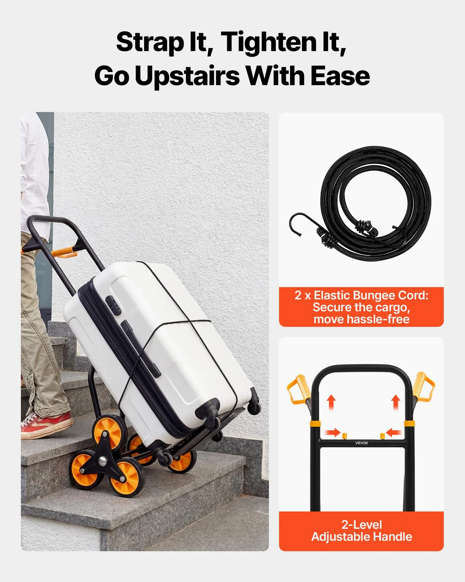 VEVOR Carretilla para Subir Escaleras Carga de 200 kg, Carro de Escalera Plegable con Asa Telescópica, 6 Ruedas y 2 Cuerdas Elásticas, para Transporte, Almacén, Centro Comercial, Mudanzas, Oficina