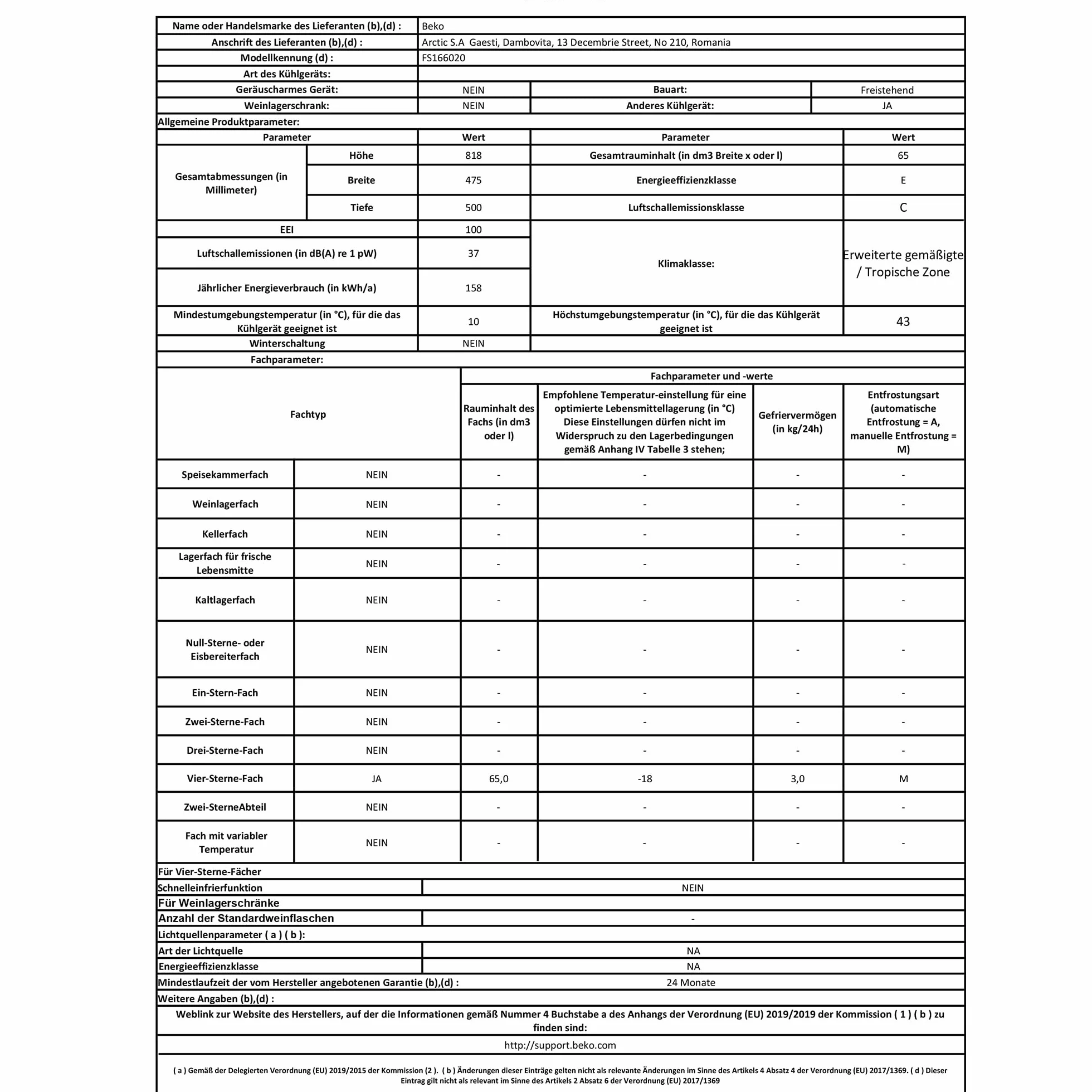 Beko FS166020 Congelador Vertical Bajo Encimera 81.8 cm A+ 4 Estrellas Frío Cíclico