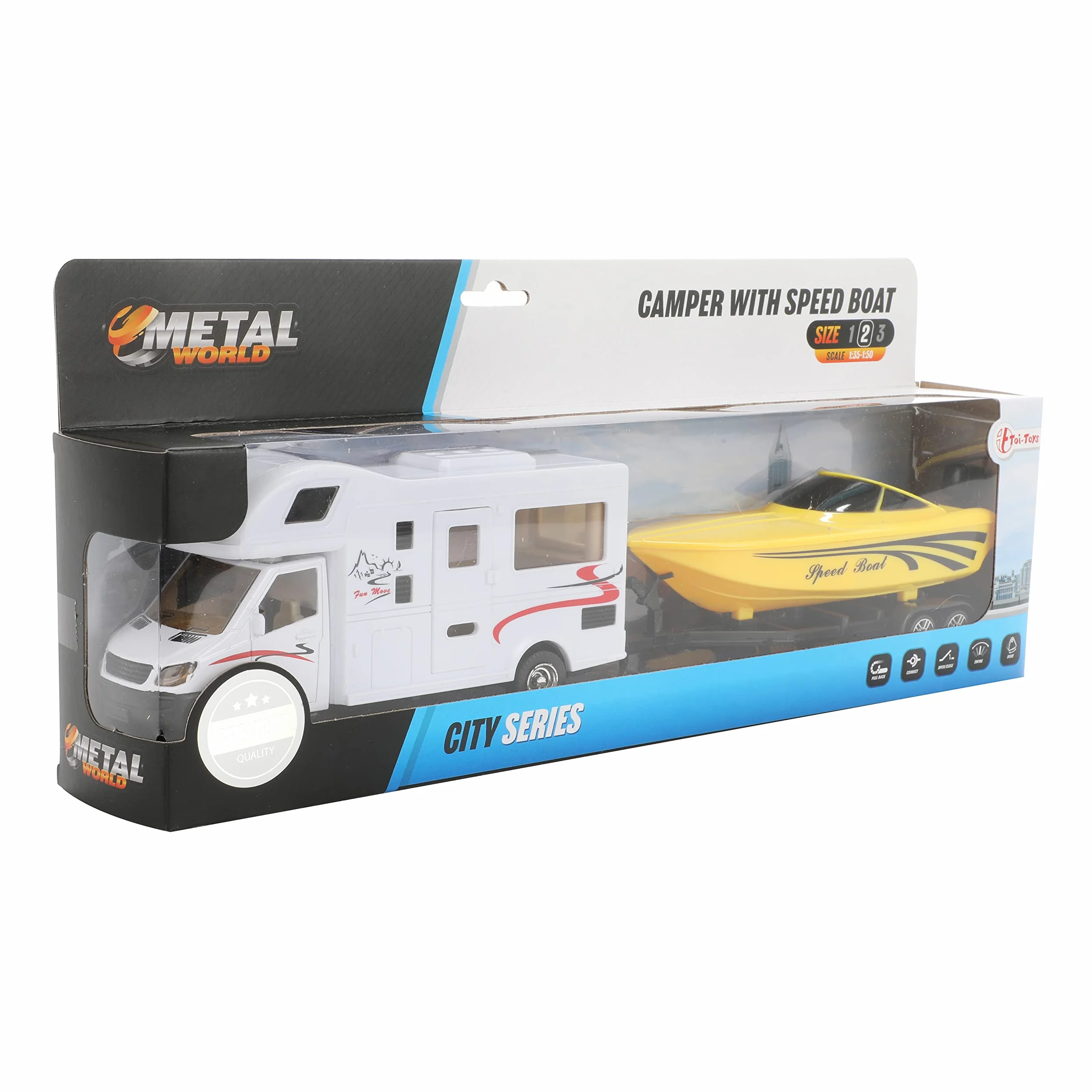 Toi-Toys Camper con Remolque de Barco - Coche de Juguete - Caravana & Barco de Carreras - Motor de Retirada - Modelo Coche a Partir de 3 años