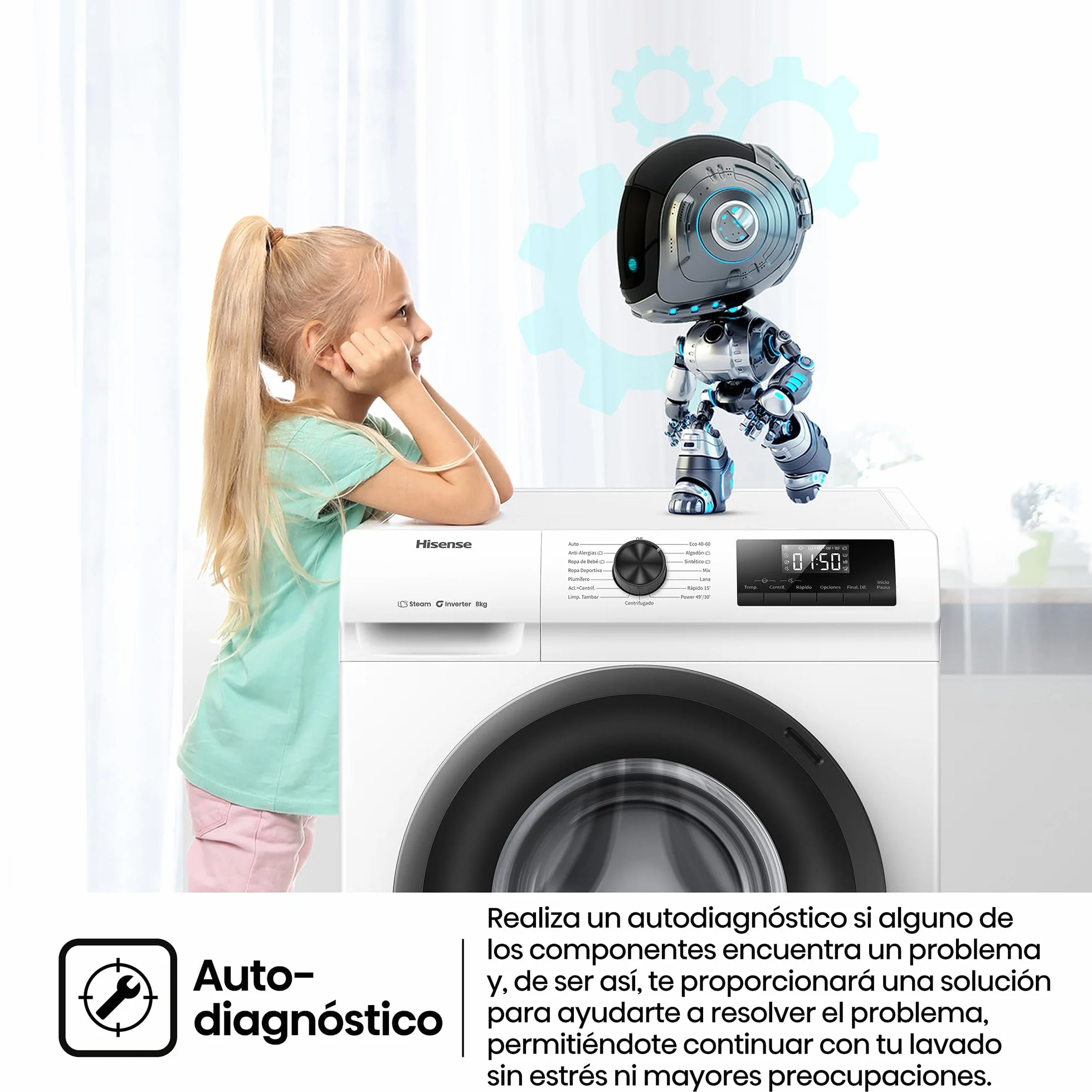 Hisense Lavadora 8 Kg 1400 rpm Clase A 85x60 cm Blanco Vapor 99,9% Inverter