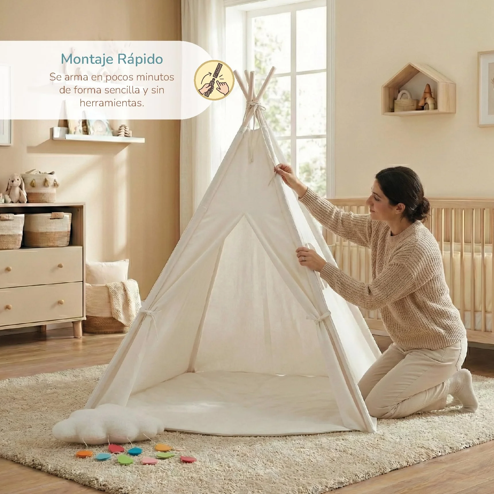 Buddy Baby Tienda Tipi 18 Meses Luces Decorativas Estrellas 3m Alfombra Antideslizante Peluche Nube Montaje sin Herramientas Anti-colapso Ventana Lateral